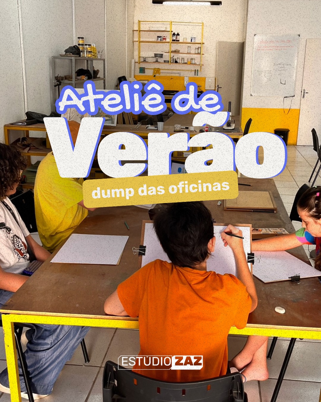 Verão no ateliê é isso: mesas cheias de cor, processos em andamento, concentra