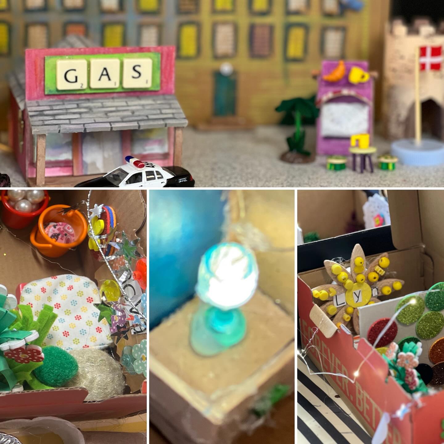 Ferieaktiviteter for børn i samarbejde med #vejlekommune - vi byggede miniatureby - hvor der blev rum for marsvin, bamser og alle mulige andre! Tjek lige lampen med lys!! #kunstkompas #vejlekommune #miniature #genbrug