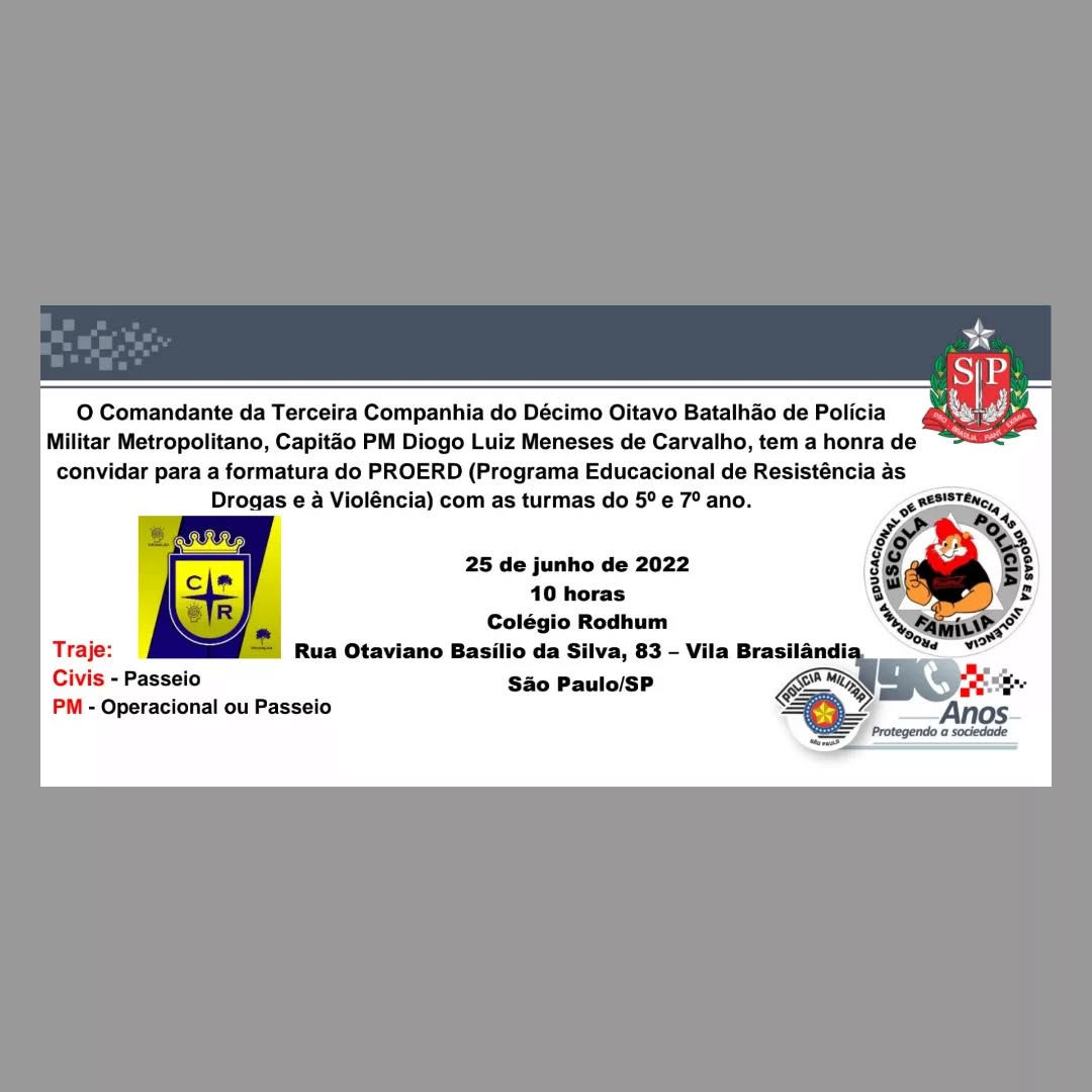 PROERD pra quem não conhece é o Programa de Resistência às Drogas e a Violência, ministrado pela Polícia Militar do Estado de São Paulo, nas escolas de ensino Fundamental 1 e 2.
E o Colégio Rodhum no dia 25 de Junho terá a primeira formatura do programa, com os alunos do 5° e 7° anos.
Somos gratos a Polícia Militar do Estado de São Paulo pela sua dedicação aos nossos jovens.
#proerd #policiamilitarsp
#ensinofundamental1e2
#colegio
#vemprorodhum