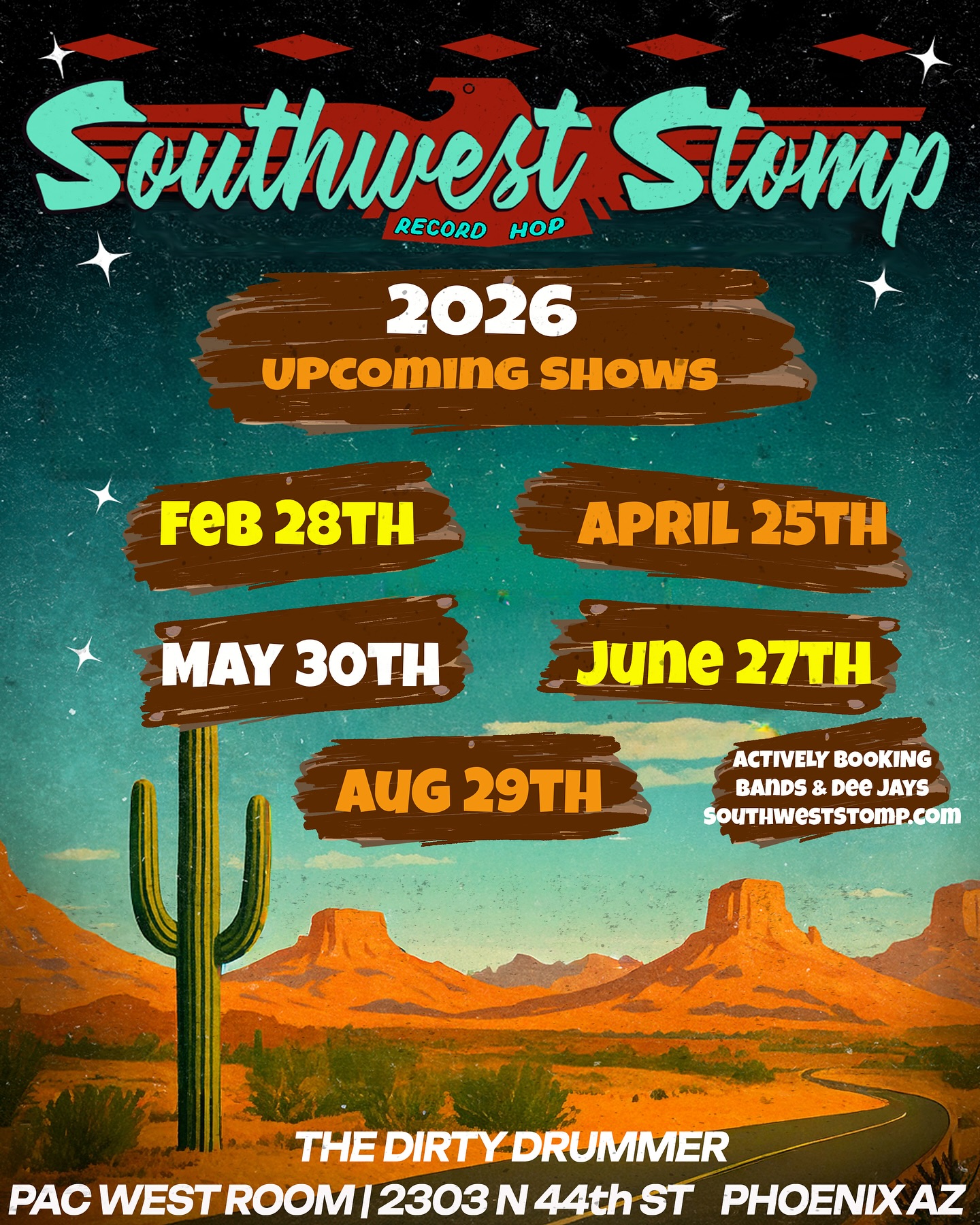 Can’t wait to see yall in a few short weeks! For the first time ever in Phoenix the SideWynders! We’re super excited about these other dates we got coming up too! We have got and are working on some amazing surprises this year! If you interested in dj’n or playing, hit us up! Southweststomp.com