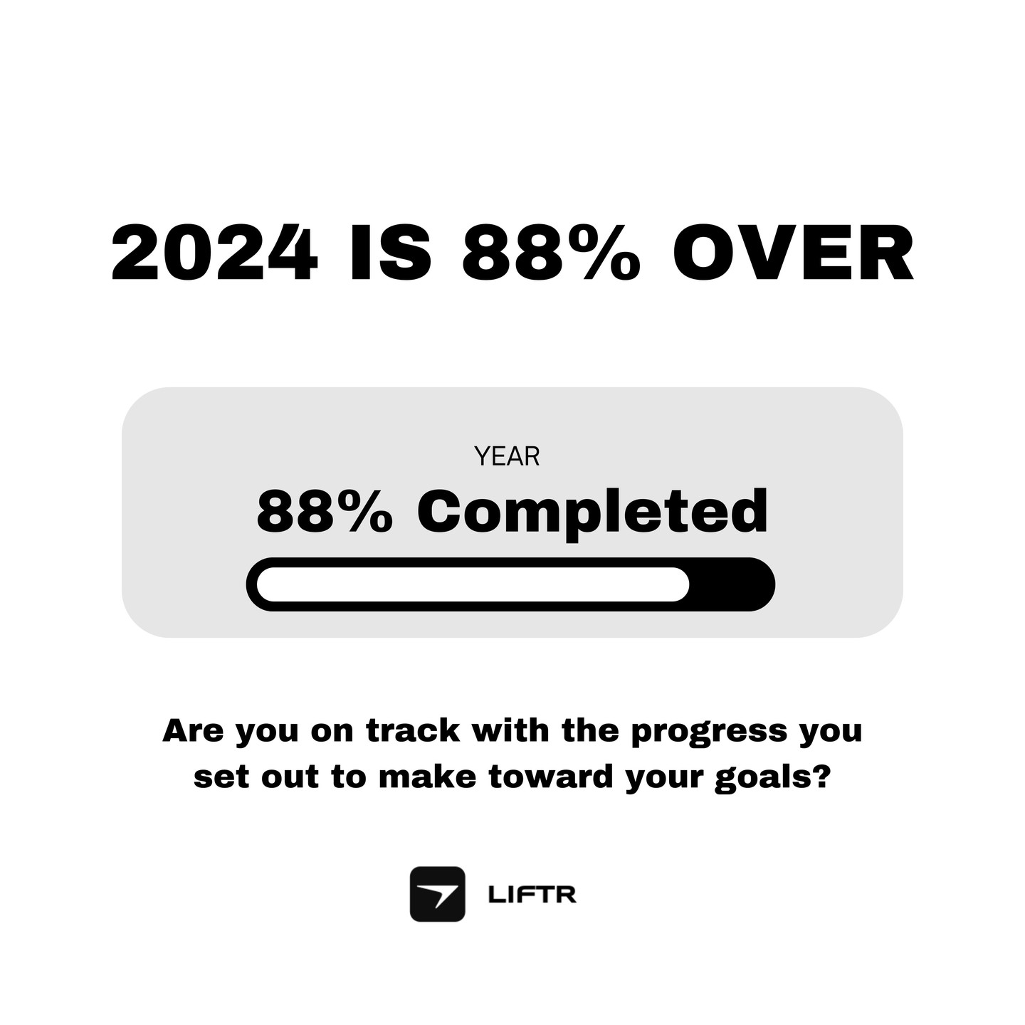 2024 is already 88% behind us - time is flying by, and now is the perfect moment to reflect on the progress you've made toward your goals. Are you staying true to the promises you made to yourself at the start of the year? If you find that you're not where you thought you'd be, don't worry - there's still plenty of time to get back on track. It's never too late to refocus, reset, and make meaningful progress toward the results you want. Every day offers a new opportunity to take action, build momentum, and finish this year stronger than you started. Consistency is key, and with determination, you can make the most of what's left of 2024. So, what's your next move? Let's get after it - there is still time to make it count.
#fitness #nutrition #goals #liftr #liftrcoaching