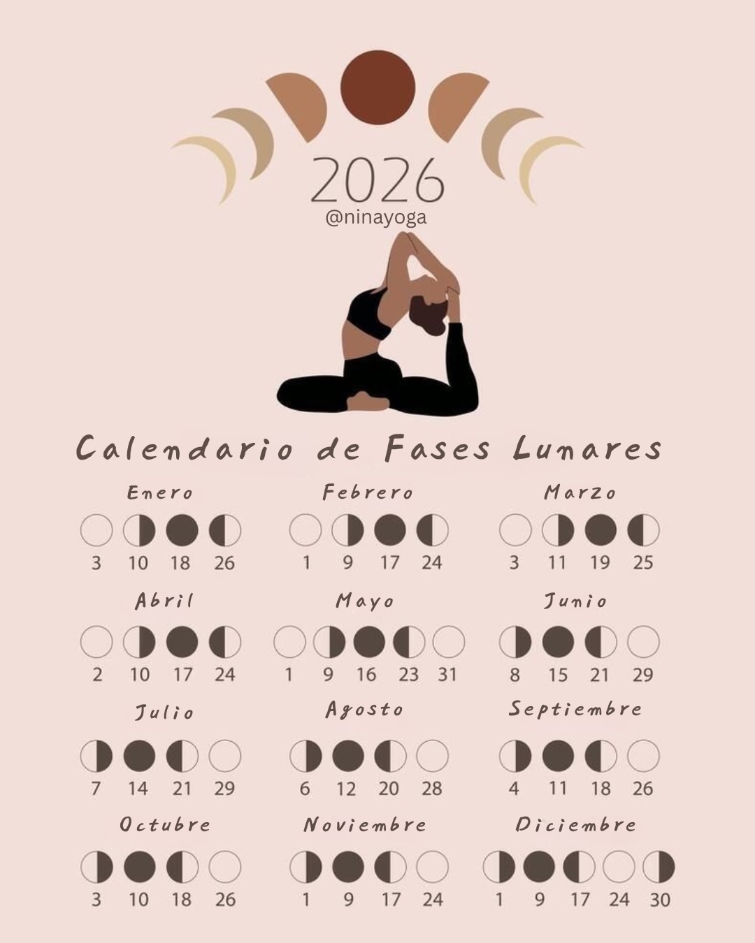 CALENDARIO LUNAR 2026 🌕🌑 guárdalo! 👏🏼
La Luna nos ayuda a entender cómo estamos y este calendario te guiará durante todo el 2026 para que gestiones mejor tu energía
.
Hay días en los que el cuerpo pide ir más despacio y otros a tope 🔥. Y todo está bien, aprovecha cada momento.
Este calendario es una forma simple de acompañarte durante el año y recordar que la vida también se mueve por ciclos.
Cada fase nos propone algo distinto:
🌚Luna Nueva → sembrar · intencionar · iniciar
🌗 Luna Creciente → sostener · crecer · accionar
🌝Luna Llena → iluminar · sentir · soltar
🌘 Luna Menguante → integrar · descansar · preparar el cierre
Guárdalo para tenerlo a mano, compártelo con quien sientas que le puede servir y deja que la Luna marque el ritmo, estés donde estés.
Nina 🤍🌙