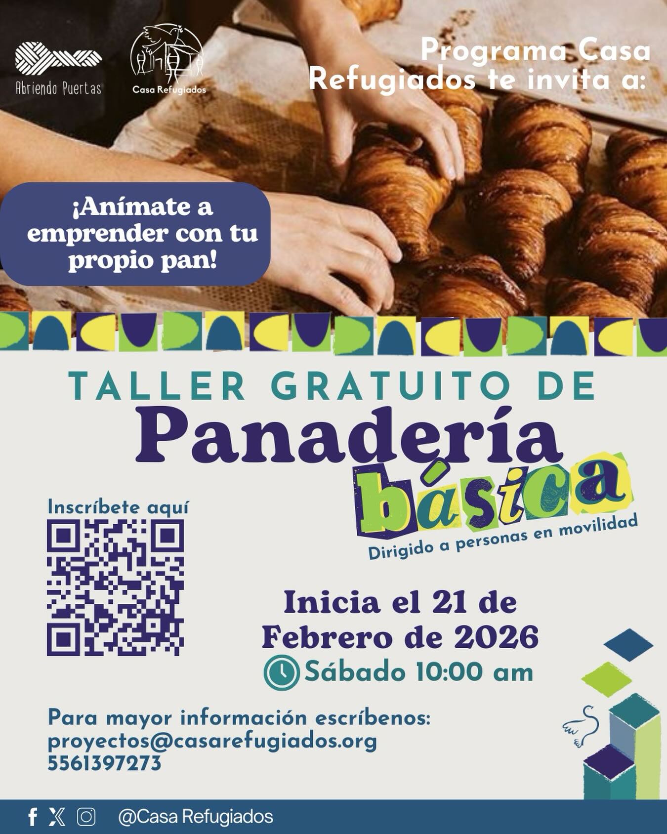 🍪 En Casa Refugiados abrimos un espacio de aprendizaje y acompañamiento para fortalecer habilidades, compartir saberes y explorar caminos de emprendimiento a través de la panadería. 🍞
🍩 Estos talleres están pensados para personas en movilidad que buscan adquirir conocimientos básicos, intercambiar experiencias y desarrollar ideas propias en un entorno de cuidado y comunidad.🥐
🍰 ¡Inscríbete en este QR! 🥖