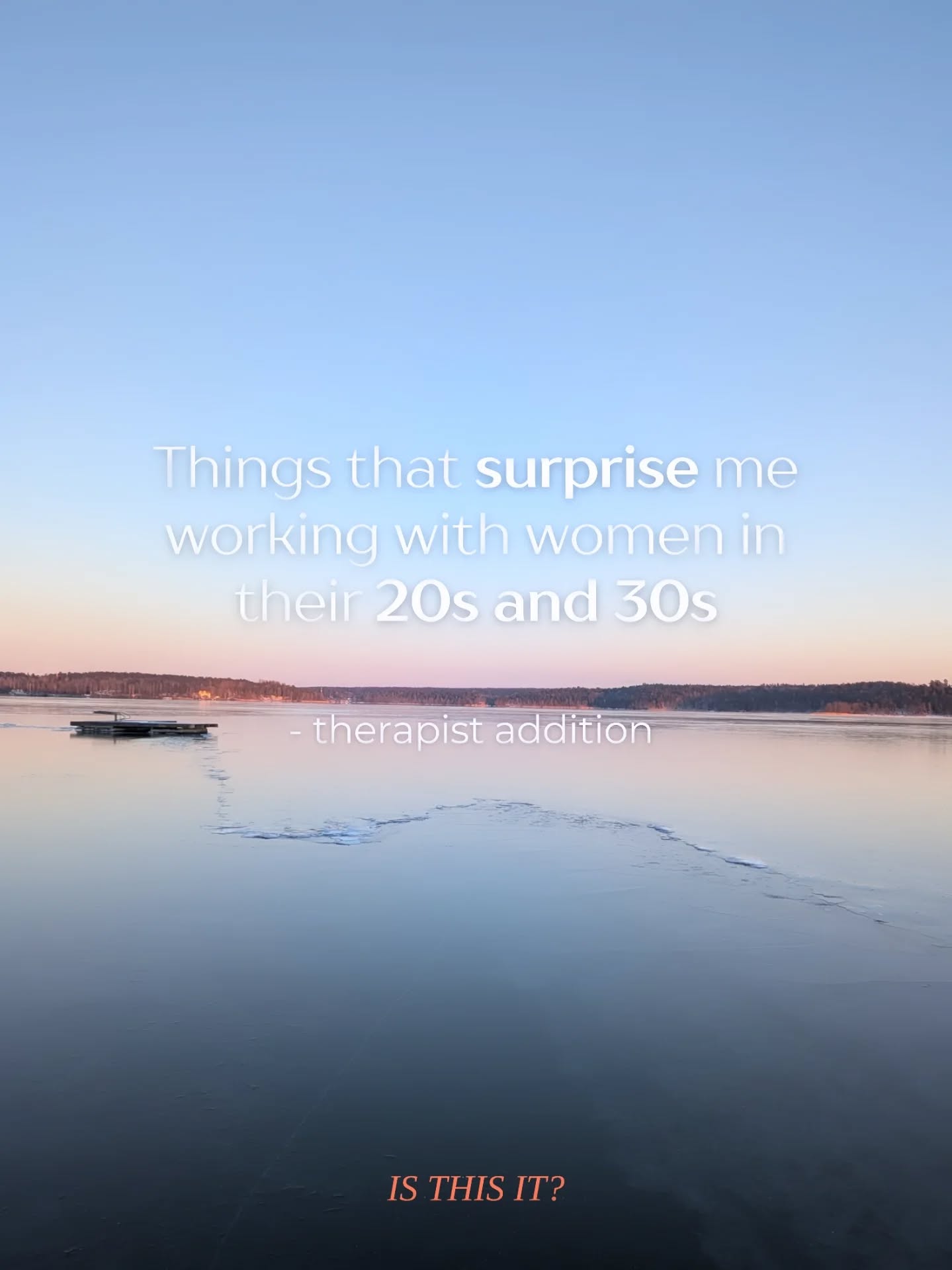 Working with women in their 20s and 30s continues to surprise me.
We are often alike, yet feel totally isolated in our anxieties, uncertainty and panic about the future.
If you're ready for some help to build confidence, connection and find direction in your life - and ultimately start really knowing yourself...
Is therapy the next step?
I'm Miriam, a specialist therapist helping women in their 20s and 30s get more from their lives.
Make decisions with ease. Ditch feelings of stuckness. Feel aligned with yourself, and your dreams.
Follow @therapy_isthisit to know more.
👀 Stay tuned for my free masterclass called: 'What do I actually want?' 🫶
👆your go-to guide to knowing what you want and how to get there!
#therapyformy20s #moderntherapy
#therapyforoverwhelm #therapyforoverthinkers
#existentialcrisistherapy