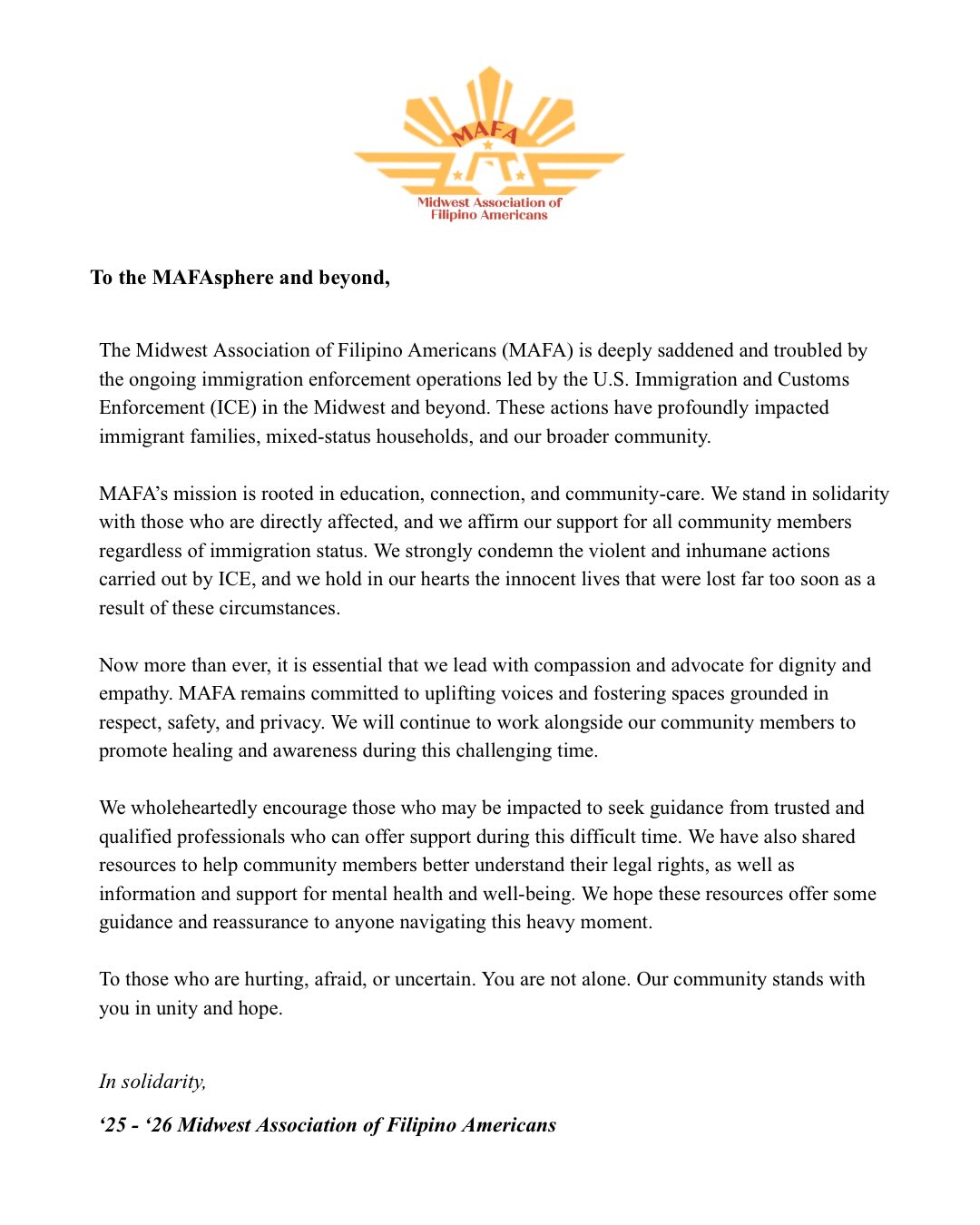 MAFA’s official statement regarding the ongoing immigration enforcement operations led by ICE. During this time of fear and uncertainty, we affirm our commitment to care and connection. MAFA will continue to hold space for healing, safety, and support. Resources are available on our Linktree.
If you have any questions or comments, please feel free to contact us at wearemafa@gmail.com.