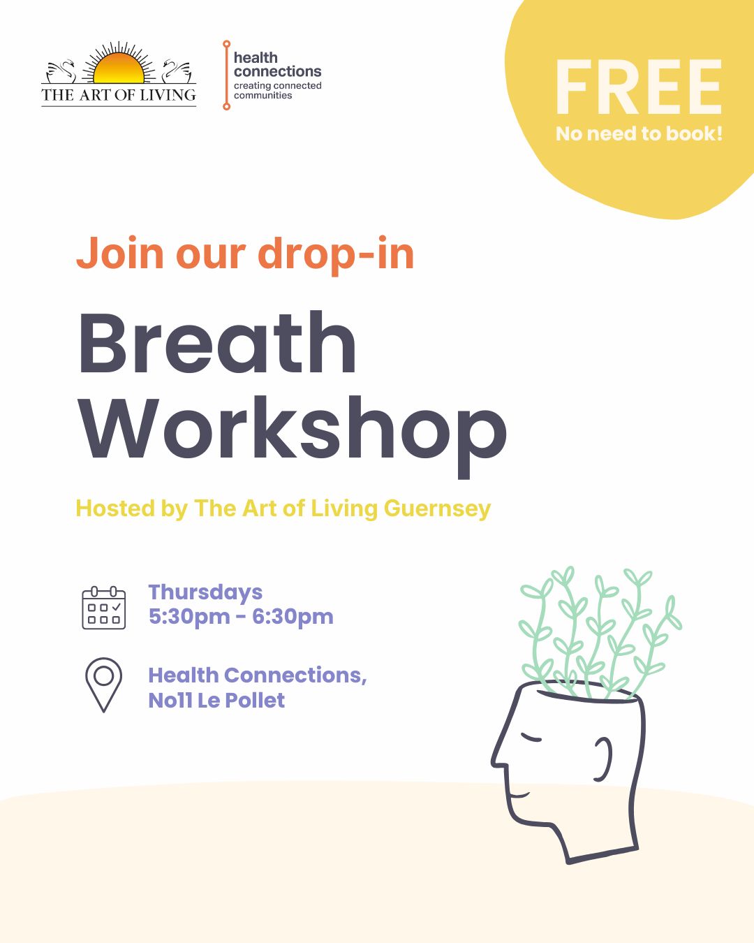 🌬️ FREE breath workshops!
The Art of Living Guernsey host a free drop-in breath workshop in our CONNECT space every Thursday.
🕐 When: Thursdays, 5:30pm - 6:30pm
📍 Where: CONNECT Space , Lower Ground Floor, Beatrice House, No 11 The Pollet.
❓ Who: The sessions are free and open to all
We hope you can join us. See you there!
To find more clubs, groups, activities and support in the community, please head to our online Community Directory: 🌐 directory.healthconnections.gg
#creatingconnectedcommunities
