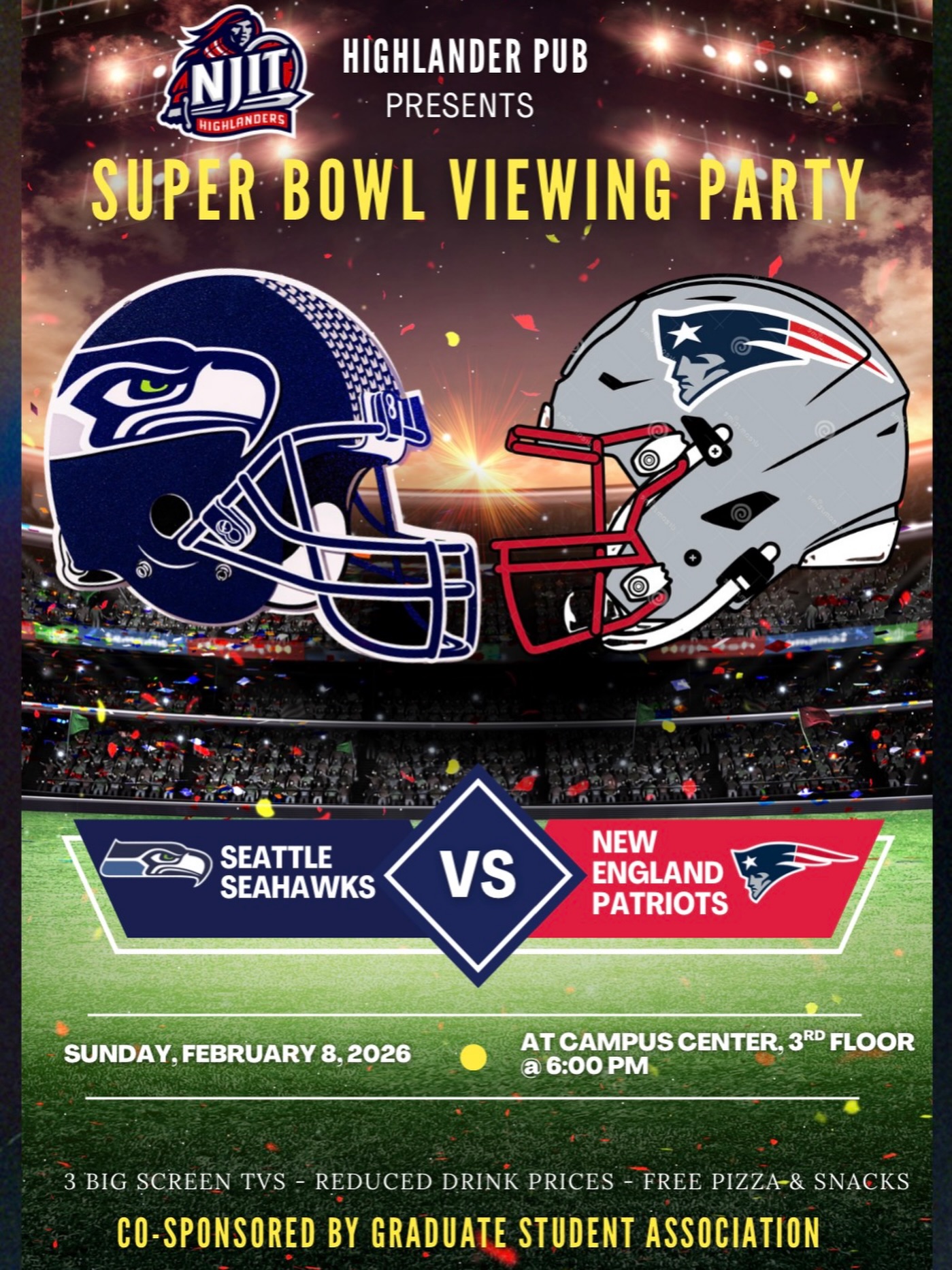 See you this Sunday 8, 6 PM for the Super Bowl LX at Highlander Club @njit.highlander.pub Family party!