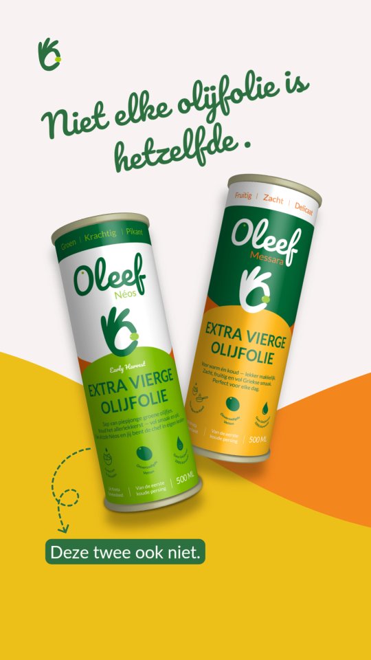 Twee oliën. Eén keuken. 💚
Néos is krachtig & pikant, perfect voor koud gebruik.
Messara is zacht & fruitig, jouw alleskunner in de pan.
Samen?
A match made in foodie heaven.
Ontdek het Oleef Duo en kook met de juiste olie op het juiste moment.
👉 Shop nu via oleef.nl