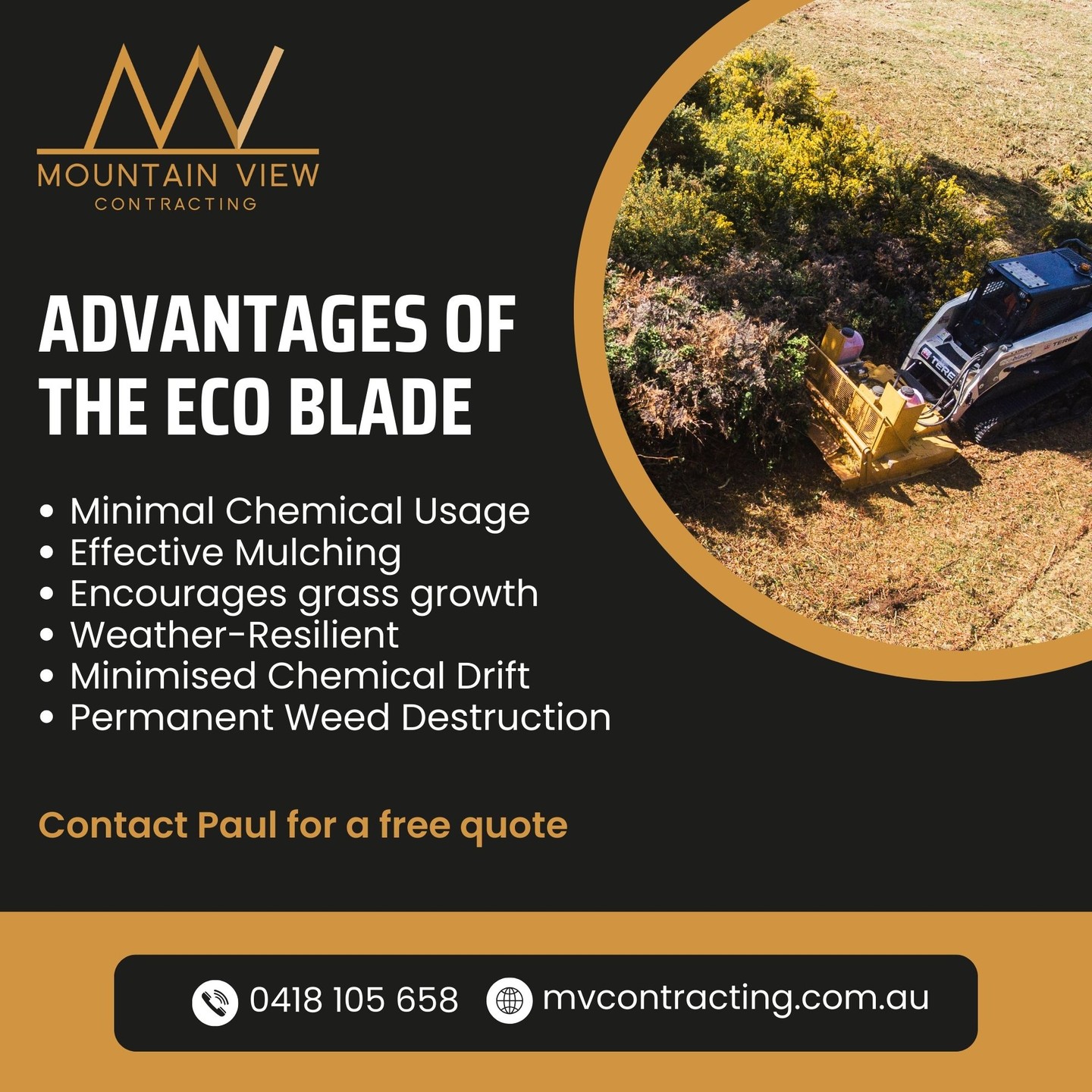 The Eco Blade brings together precision, sustainability, and long-lasting results—all in one piece of equipment.
Contact Paul for a free quote | e: info@mvcontracting.com.au | w: mvcontracting.com.au
.
.
.
.
#mountainviewcontracting #mvcontracting #earthworks #gisborne #macedonranges #ballarat #mitchellshire #creswick #daylesford #trentham #glenlyon #ashbourne #tylden #lyonville #hepburnshire #mtalexandershire #harcourt #castlemaine #maldon #woodend #lancefield