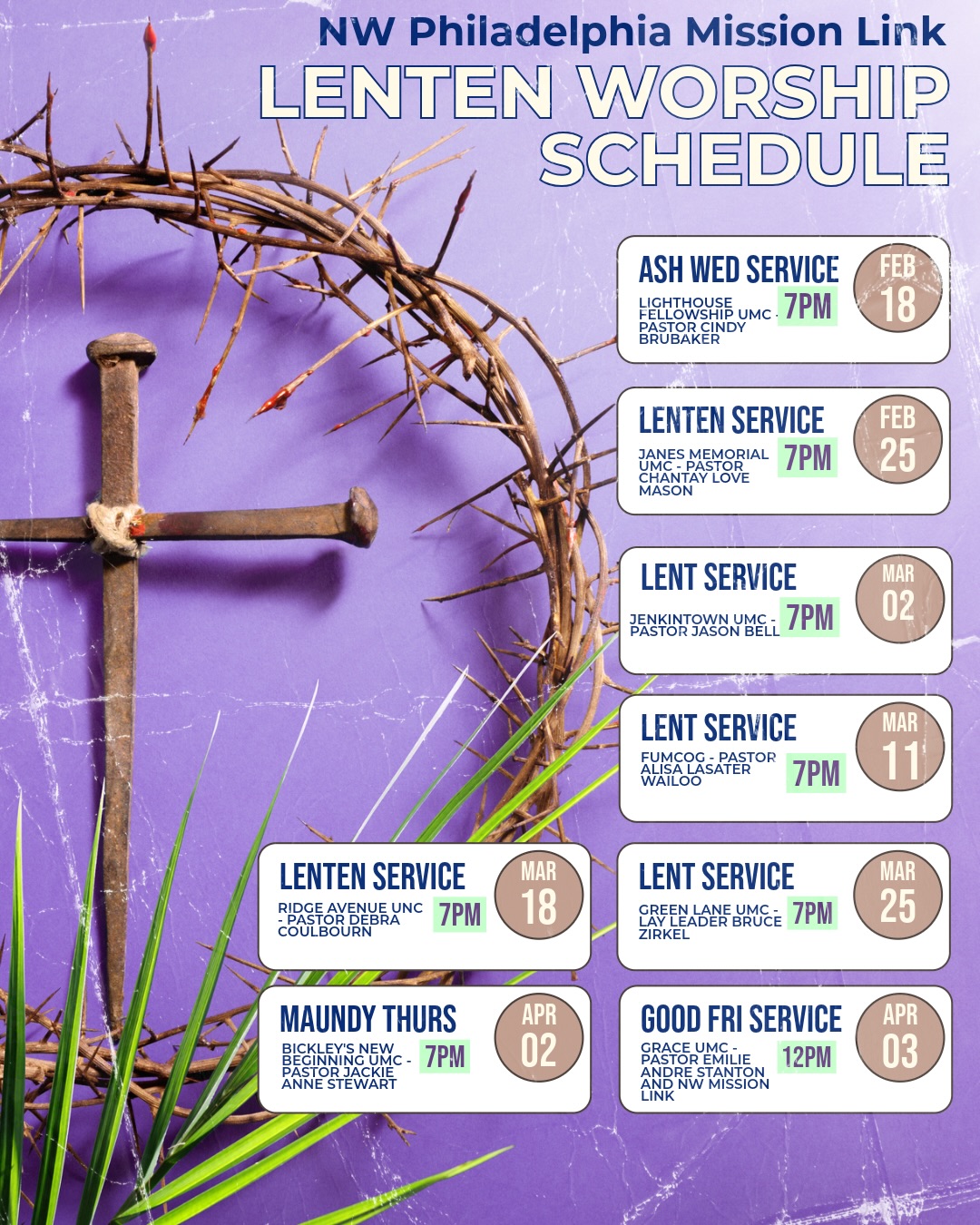 Lent is a time for reflection, connection, and community. ✝️💜
Join the NW Philadelphia Mission Link Lenten Worship Series as we journey together this season.
FUMCOG is hosting the Wednesday Lenten Service on March 11th at 7PM 🕊️ — with a 🍲 community meal beforehand!
Can you lend a hand? Please contact Pastor Alisa at 📧 wailoo@fumcog.org or 📱 267-405-1383.
📍 Church locations + 🔗 livestream links are posted for each event. All are welcome!