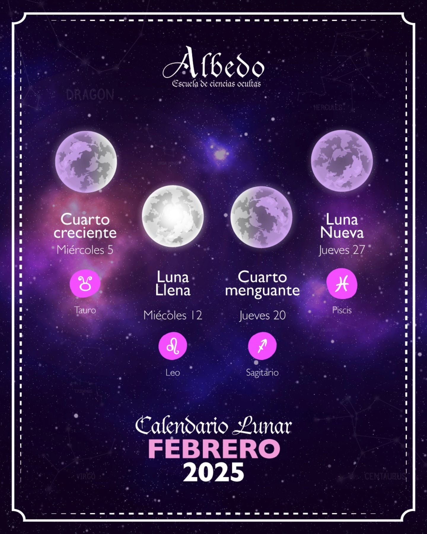 🌙✨ Calendario Lunar de Febrero 2025
El segundo mes del año llega con energías poderosas para seguir manifestando, soltando y renovando. Aquí tienes las fases lunares de febrero 2025 para conectar con su magia:
🔹 5 de febrero – Cuarto Creciente.
🔹 12 de febrero – Luna Llena.
🔹 20 de febrero – Cuarto Menguante.
🔹 27 de febrero – Luna Nueva
🔥 ¡Nuevos cursos en la escuela! 🔥
Este mes damos la bienvenida a nuevas clases y talleres para expandir tu conocimiento.
📢 Inscripciones abiertas para los cursos de febrero.
#calendariolunar #lunafebrero #magialunar #Astrología #nuevoscursos #escuelademagia #manifestacion #energiacosmica #astrogirl #tereflores