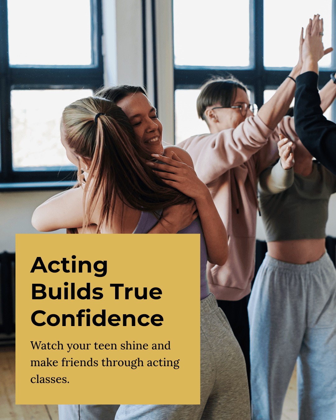 Want to boost your teen's confidence fast?
Acting classes do more than just teach lines—they build real confidence that shines in every part of life!
Watch your child step into their own spotlight and make new friends along the way. Ready to see the change?