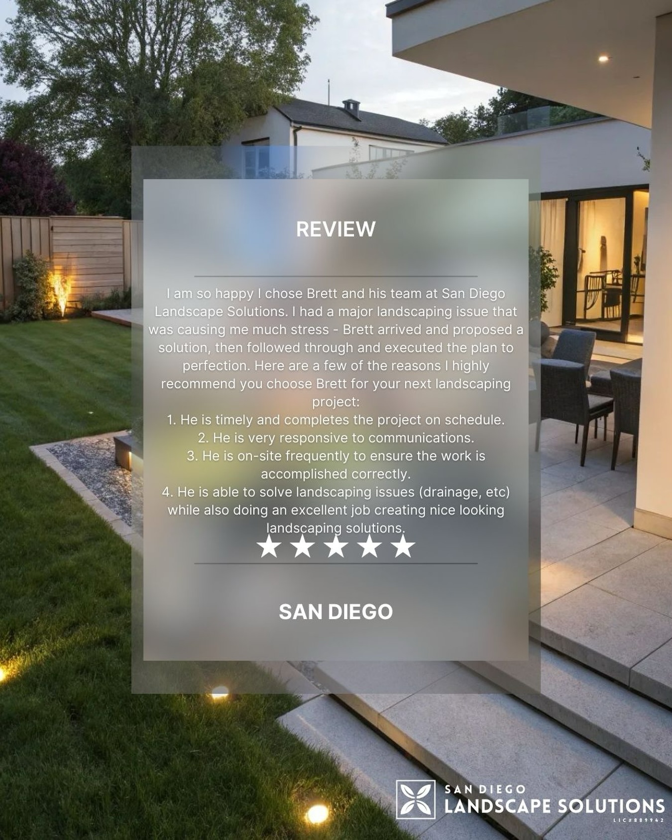 ⭐️⭐️⭐️⭐️⭐️ Client Testimonial Spotlight
We’re beyond grateful for feedback like this and even more proud of the results we deliver. Here’s what one of our recent clients shared about working with Brett and the San Diego Landscape Solutions team:
🗣️ “I am so happy I chose Brett and his team at San Diego Landscape Solutions. I had a major landscaping issue that was causing me much stress — Brett arrived and proposed a solution, then followed through and executed the plan to perfection. Here are a few of the reasons I highly recommend you choose Brett for your next landscaping project:
1️⃣ He is timely and completes the project on schedule.
2️⃣ He is very responsive to communications.
3️⃣ He is on-site frequently to ensure the work is accomplished correctly.
4️⃣ He is able to solve landscaping issues (drainage, etc.) while also doing an excellent job creating beautiful landscaping solutions.
My project was complex and kept changing (I kept adding additional requests), but Brett and his team never missed a beat. The final project looks better than I imagined and now there is a great deal of stress off my back.
Also, did I mention he’s a good communicator? Not a typical attribute of some contractors. He came over to my house frequently at my request to discuss issues and was always responsive to calls and texts.
Overall, I couldn’t be happier. If you have landscaping work you want done, call Brett. You’ll be happy you did.”
✨ Stories like this are why we do what we do. From drainage challenges to full landscape transformations, we’re here to make your outdoor vision stress-free and beautiful.
👉 Ready to start your own project (or remodel what you already have)? Let’s talk.
📞 Call/Text: 619-734-7364
📧 Email: sandiegolandscapesolutions@gmail.com
🌐 Website: sandiegolandscapesolutions.com
#ClientTestimonial #SanDiegoLandscaping #LandscapeRemodel #OutdoorLiving #SDContractor