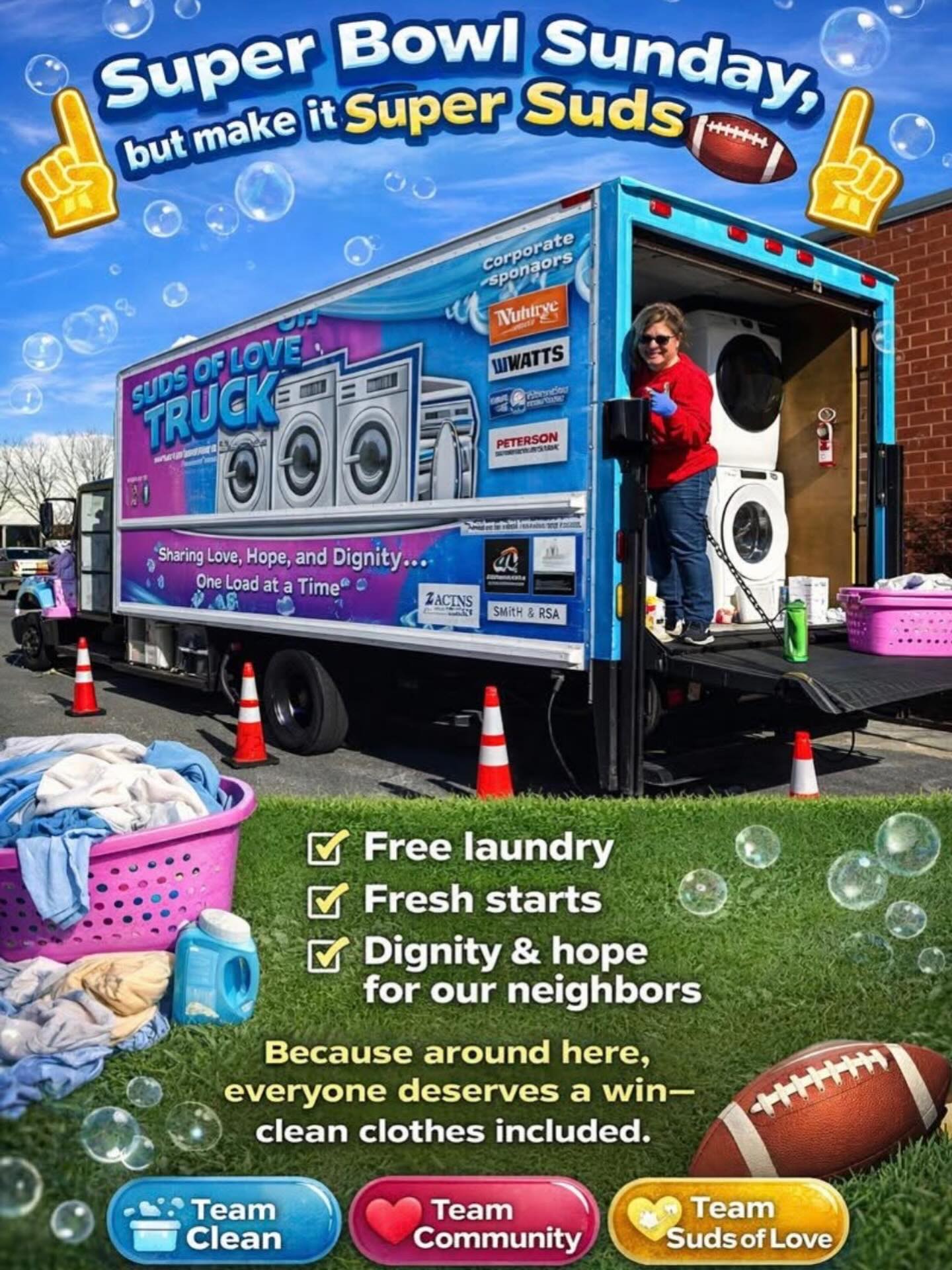 🏈🧺 Super Bowl Sunday, but make it Super Suds 🧺🏈
While teams battle it out on the field, Suds of Love Truck is out here winning hearts—one clean load at a time.
No halftime show, but we do deliver:
✔️ Free laundry
✔️ Fresh starts
✔️ Dignity & hope for our neighbors
Because around here, everyone deserves a win—clean clothes included. 💙🫧
Who are you rooting for today?
🧼 Team Clean
❤️ Team Community
✨ Team Suds of Love
#SuperBowlSunday #SudsOfLoveTruck #WinningWithDignity #FreeLaundry #CommunityStrong CleanClothesCleanConfidence