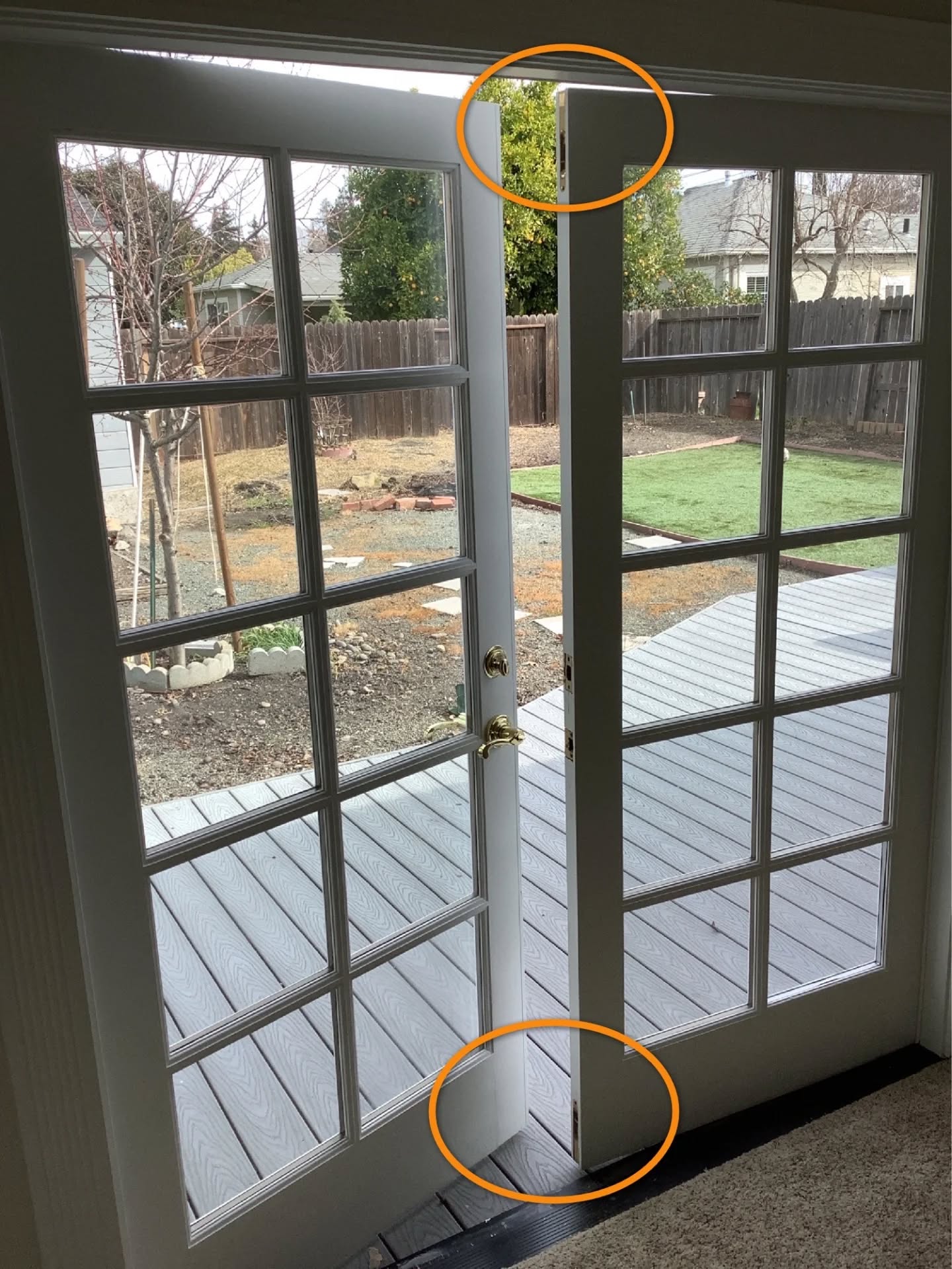 It's time for the defect of the day! Woot!!
Today's defect is an exterior French door that will not properly lock or latch. This presents a security issue, and will contribute to drafts in the affected bedroom.
A lot of what I do as a home inspector is very mundane and routine: I use things in the manner they were intended to be used. When they don't work, I report it.
This would be a typical handy person repair job that might involve trimming the door slightly, repainting, and/or adjusting the latch mechanism at top and bottom.
I hope you enjoyed today's defect of the day!!