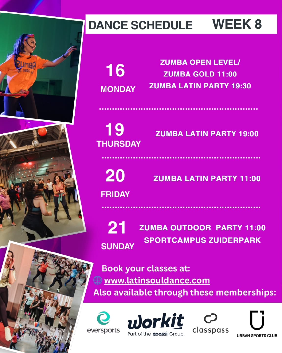 WEEK 8 DANCE SCHEDULE 💜✨
Your dose of joy, movement & Latin rhythm is here!
From Zumba Gold mornings to Latin Party nights and an outdoor Sunday dance under the sky, this week is all about moving together, feeling good, and celebrating life through music 🎶🌍
What’s happening this week:
🗓 Monday
• Zumba Open Level / Zumba Gold – 11:00
• Zumba Latin Party – 19:30
🗓 Thursday
• Zumba Latin Party – 19:00
🗓 Friday
• Zumba Latin Party – 11:00
🗓 Sunday
• Zumba Outdoor Party – 11:00
📍 Sportcampus Zuiderpark
All levels welcome. No pressure. Just music, movement & smiles 💃🏽🕺🏽
Come solo, bring a friend, or dance with your whole family.
👉 Book your spot:
www.latinsouldance.com�
Available via Eversports, Workit, ClassPass & Urban Sports Club
💬 Tell us in the comments: Which class are you joining this week?
💜 Save this post & share it with your dance bestie!
#LatinSoulDance #DanceSchedule #ZumbaTheHague #LatinParty #DanceWithoutFear ZumbaCommunity MoveWithJoy TheHagueFitness LatinVibes DanceFamily