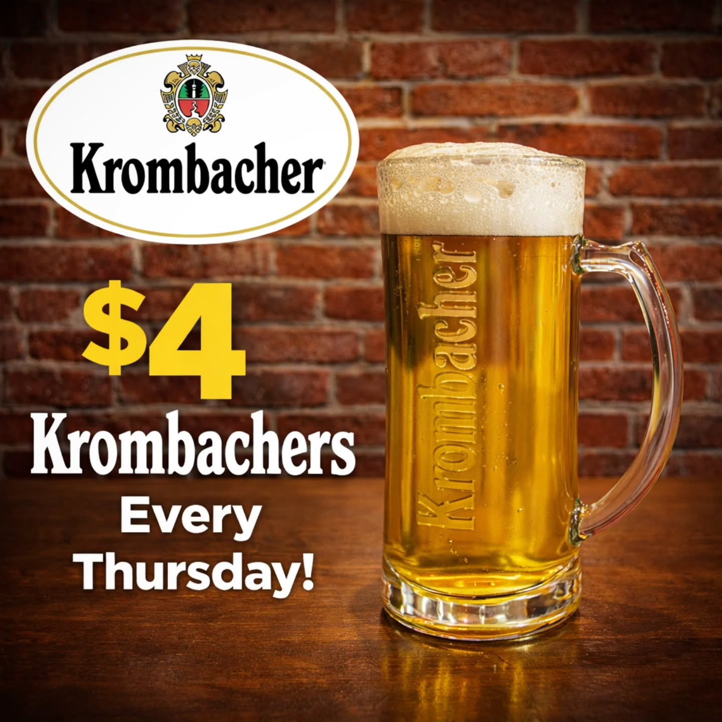 Join us every Thursday for $4 Mugs of Krombacher!