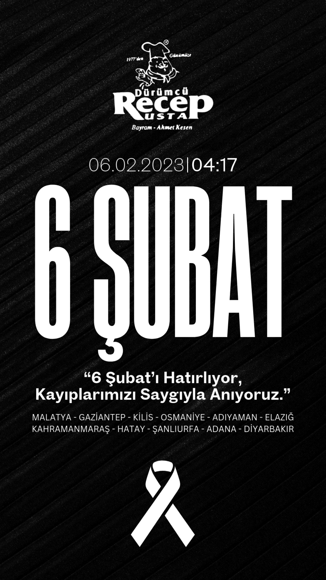 Unutmadık, Unutmayacağız... 🕯️
6 Şubat sabahı yaşadığımız o büyük felaketin üzerinden zaman geçse de acısı hala ilk günkü gibi taze. Bizler de bu şehrin, İncilipınar’ın bir parçası olarak o zor günlerde birbirimize nasıl kenetlendiğimizi, ekmeğimizi ve acımızı nasıl paylaştığımızı asla unutmayacağız.
Depremde kaybettiğimiz tüm canlarımıza Allah’tan rahmet, geride kalanlara sabır ve metanet diliyoruz. Bu zorlu yolları beraber yürüdüğümüz tüm hemşehrilerimize geçmiş olsun dileklerimizi bir kez daha iletiyoruz.
Rabbim ülkemizi ve şehrimizi her türlü afetten korusun. Dualarımız ve kalbimiz hala eksik bıraktığımız canlarımızla...
📍 Dürümcü Recep Usta - İncilipınar