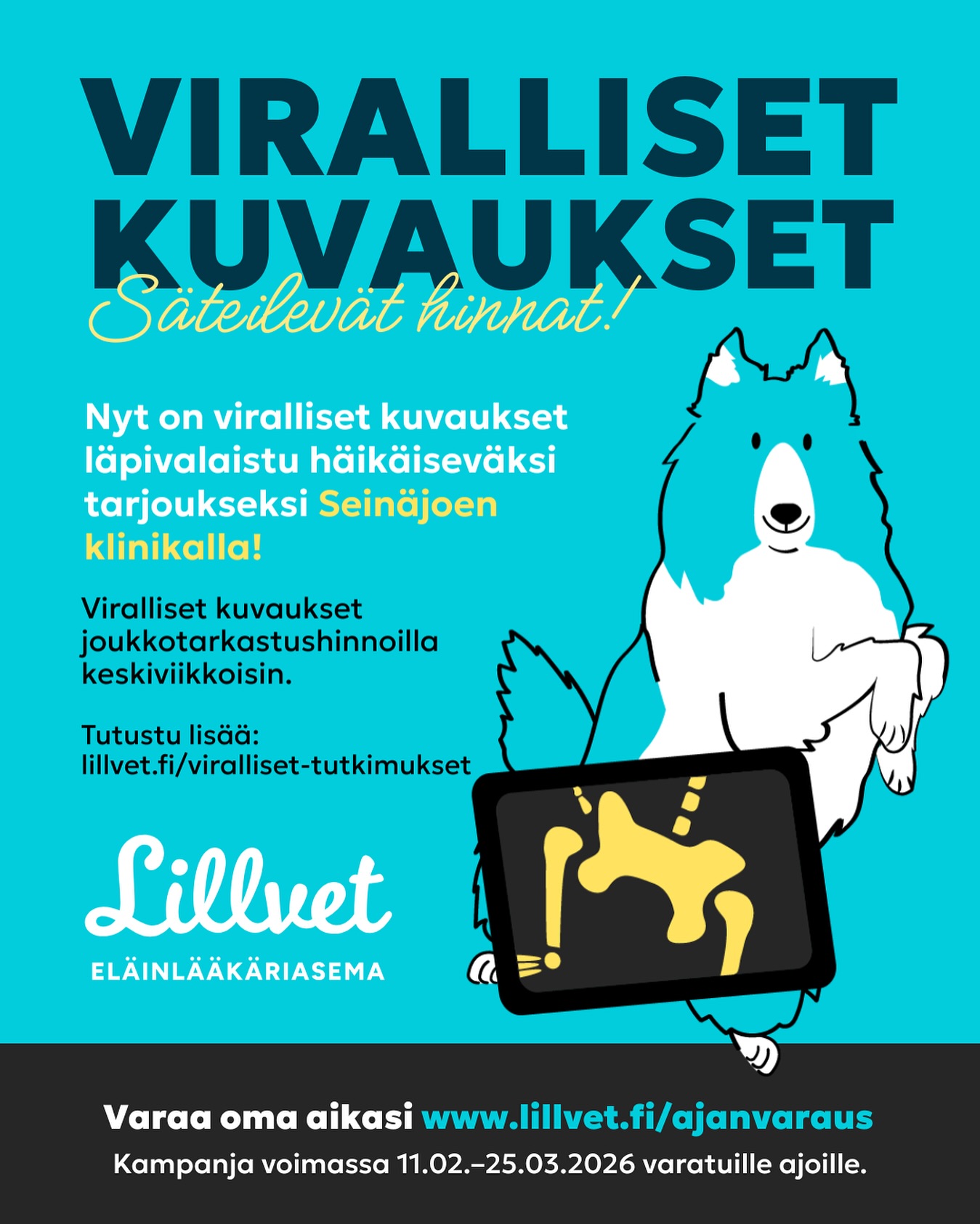 🚨🚨 SEINÄJOKI HUOM 🚨🚨
Teille olisi nyt häikäisevää kampanjaa tarjolla, sillä tarjoamme Seinäjoella VIRALLISET KUVAUKSET JOUKKOTARKASTUS HINNOIN! ⬇️
KYYNÄRKUVAUS
alle 30 kg 150€ (norm. 180€)
30 kg ja yli 195€ (norm. 225€)
LONKKAKUVAUS
alle 30 kg 150€ (norm. 180€)
30 kg ja yli 195€ (norm. 225€€
LONKKA- JA KYYNÄRKUVAUS
alle 30 kg 185€ (norm. 215€)
30kg ja yli 225€ (norm. 255€)
OLKAKUVAUS eli OCD
alle 30 kg 150€ (norm. 180€)
30 kg ja yli 195€ (norm. 225€)
*Olkakuvaukset muun kuvauksen yhteydessä 25€ / kuva (norm. 30€ / kuva)
VIRALLINEN SELKÄKUVAUS
LTV / SP - 3 kuvaa
alle 30 kg 165€ (norm. 195€)
30 kg ja yli 205€ (norm. 235€)
LTV / SP + VA - 4 kuvaa
alle 30 kg 175€ (norm. 205€)
30 kg ja yli 215€ (norm. 245€)
LTV / + VA & IDD - 6 kuvaa
alle 30 kg 185€ (norm. 215€)
30 kg ja yli 225€ (norm. 255€)
*Selkäkuvat muun kuvauksen yhteydessä 25€ / kuva (norm. 30€ /kuva)
⚡️ Kampanja voimassa aina keskiviikkoisin 11.02.-25.03. väliselle ajalle.
⚡️Ajan voit varata helposti osoitteesta lillvet.fi/ajanvaraus tai puhelimitse 010 5011 872
