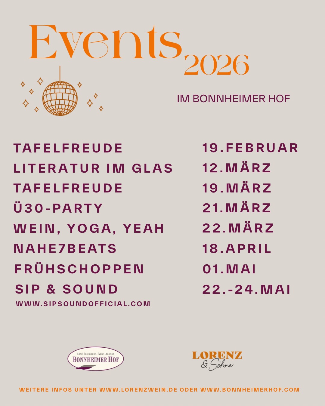 EVENTS 2026
Von entspannten Weinproben auf dem @bonnheimer_hof über Wein & Yoga bis hin zu Weinfestival-Feeling und Weinrock! 🍾
Ein Jahr voller Wein, Musik und besonderer Erlebnisse wartet auf Dich! ✨
Alle Infos aus unserer Website www.lorenzwein.de
#events #bonnheimerhof #lorenzundsoehne #weinevents #2026
