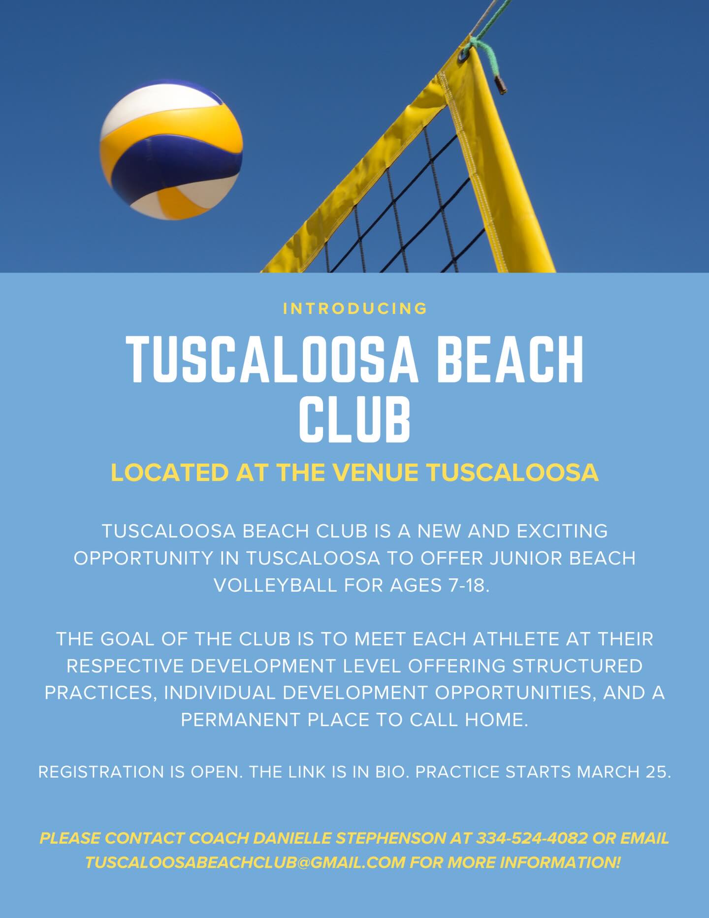 Big things are coming to The Venue Tuscaloosa 🏐☀️ — and we are SO excited to finally share!!
Introducing Tuscaloosa Beach Club — a brand new home for junior beach volleyball right here at The Venue!
✔️ Ages 7–18
✔️ Structured practices + individual development
✔️ Led by Head Coach Danielle Stephenson
✔️ Practice starts March 25 — registration is OPEN (link in bio!)
Our goal is simple: create a fun, competitive, and encouraging place for athletes to grow, learn, and fall in love with the game 🏖️🏐
👉 Adult Beach Volleyball Leagues are also coming Summer 2026 — stay tuned for more details!
For questions or more info, contact Coach Danielle Stephenson at 334-524-4082 or tuscaloosabeachclub@gmail.com.
#TheVenueTuscaloosa #TuscaloosaBeachClub #BeachVolleyball #TuscaloosaAL #YouthSports GrowTheGame