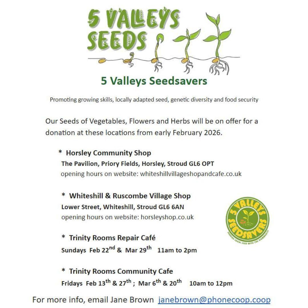 5 Valleys Seed Savers - a new local group, with lots of experience of saving local seeds - are pleased to be associated with the Trinity Rooms.
Dates on the image show where you can find them over the next couple of months - including plenty coming up at our own Community Hub in Stroud (10am-12pm during some of our Friday Cafes)!
#Stroud #Plants #GreenLiving #SupportingLocal #Permaculture #SeedSaving #Chalford #Painswick #Gardening #Amberley #Paganhill #Sustainability #Gloucestershire