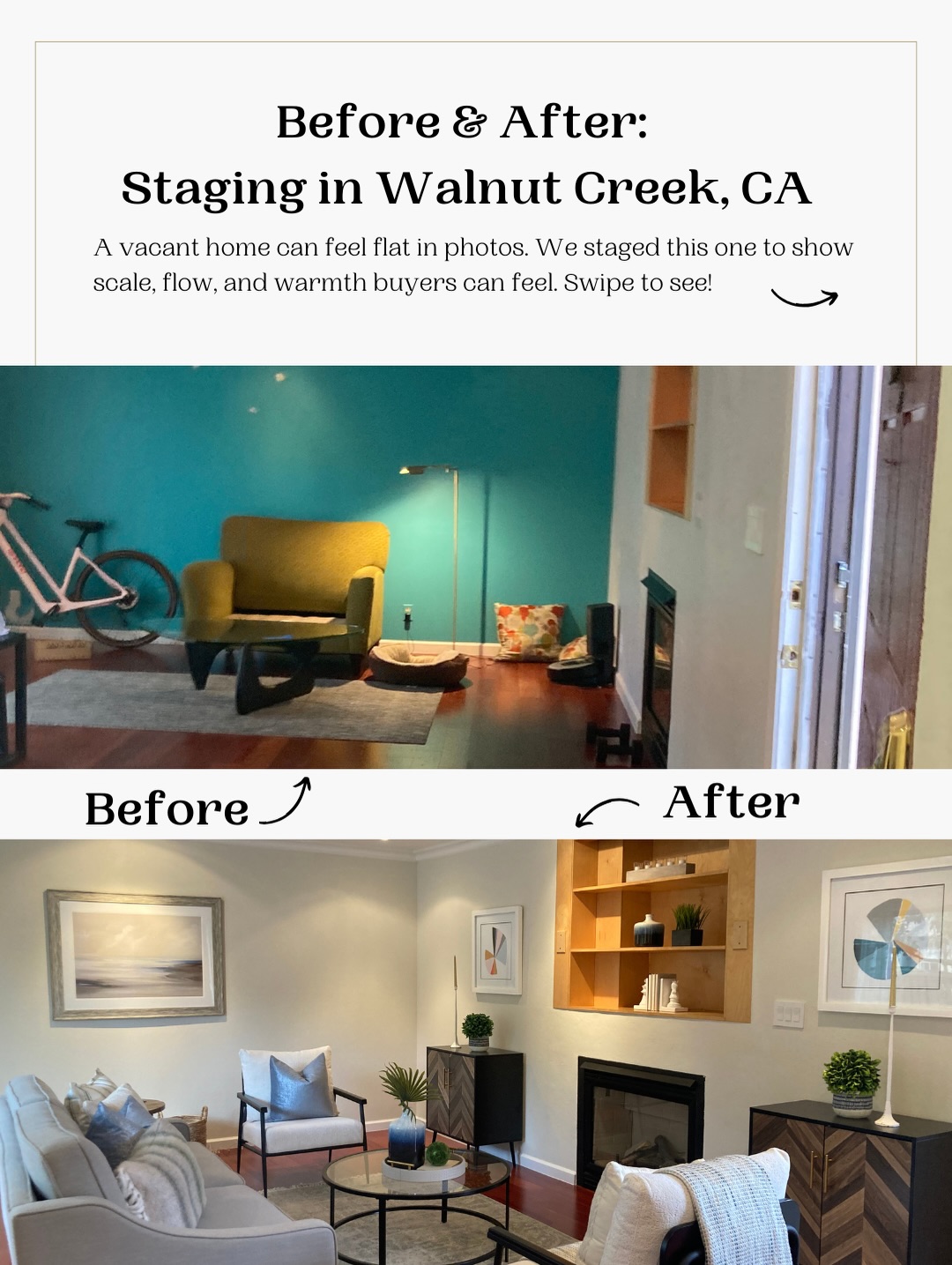This Walnut Creek home had great bones, but the vacant photos were doing it zero favors. Empty rooms can look cooler, smaller, and a little unsure of themselves, even when the house is actually solid.
We staged this one to change the way the space reads the moment someone lands on the listing: a layout that shows true scale, a focal point that pulls your eye in, and details that make the home feel cared for. The goal is always the same, help buyers stop analyzing and start picturing their life here.
Swipe the before and after and you will feel it. The home goes from empty to finished.
If you are listing vacant in Contra Costa County, DM us to start the conversation!