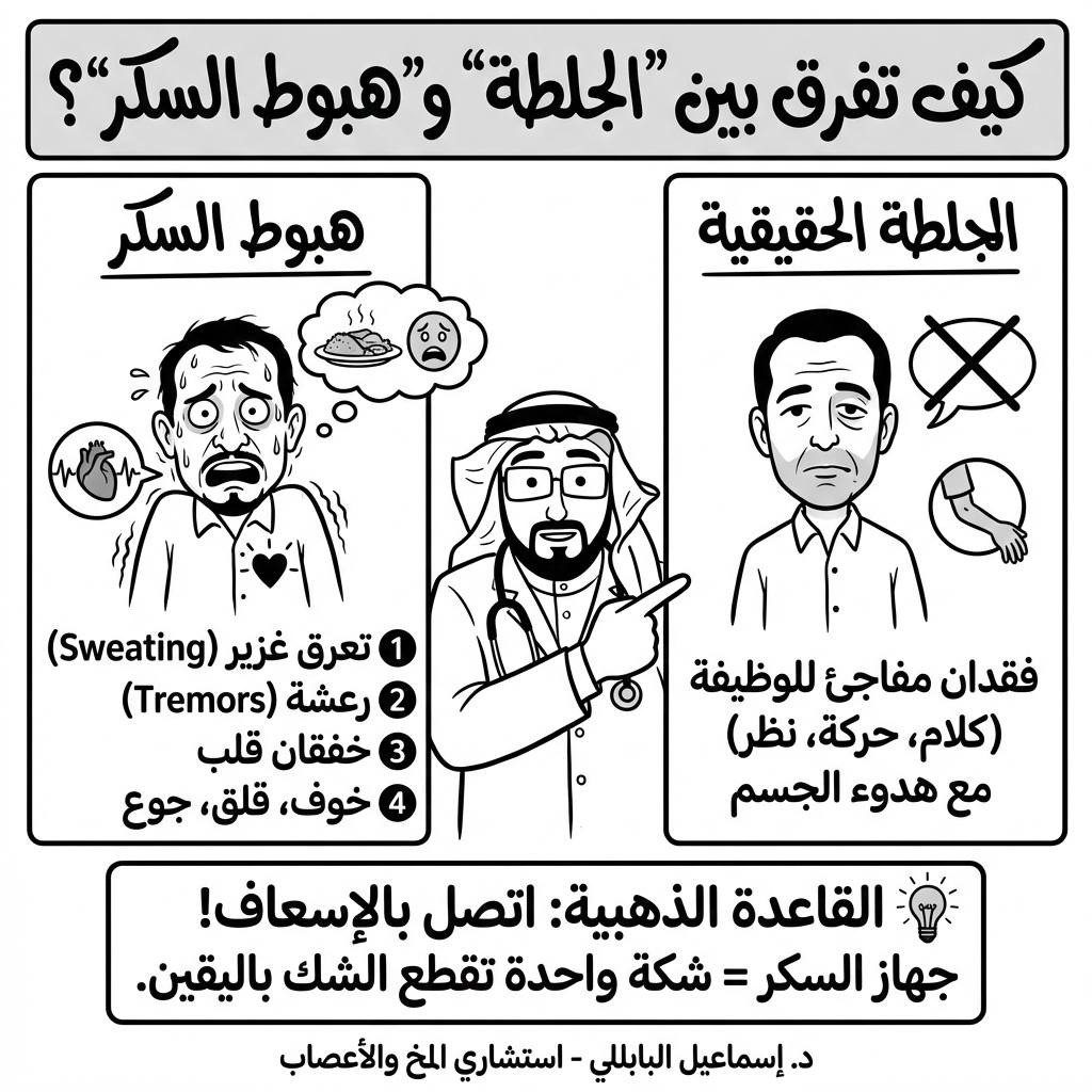 كيف تفرق بين "الجلطة" و"هبوط السكر" في البيت؟ 🤔🏡
رغم التشابه الكبير، هناك علامات خفية قد تساعدك كمسعف أولي في المنزل للتفريق بين الجلطة الدماغية وهبوط السكر الحاد، حتى قبل وصول الإسعاف.
مريض "هبوط السكر" غالباً تظهر عليه أعراض الجهاز العصبي الودي (Sympathetic Storm) كرد فعل من الجسم لرفع السكر، وهي:
1️⃣ تعرق غزير وبارد (Sweating).
2️⃣ رعشة في اليدين (Tremors).
3️⃣ خفقان في القلب.
4️⃣ شعور مفاجئ بالخوف والقلق والجوع.
أما مريض "الجلطة الحقيقية" عادة لا يتعرق بغزارة ولا يرتجف، بل يكون العرض الأبرز هو الفقدان المفاجئ للوظيفة (كلام، حركة، نظر) مع هدوء باقي الجسم.
💡 القاعدة الذهبية:
في كلتا الحالتين.. اتصل بالإسعاف، وإذا كان جهاز السكر قريباً.. "شكة" واحدة تقطع الشك باليقين.
