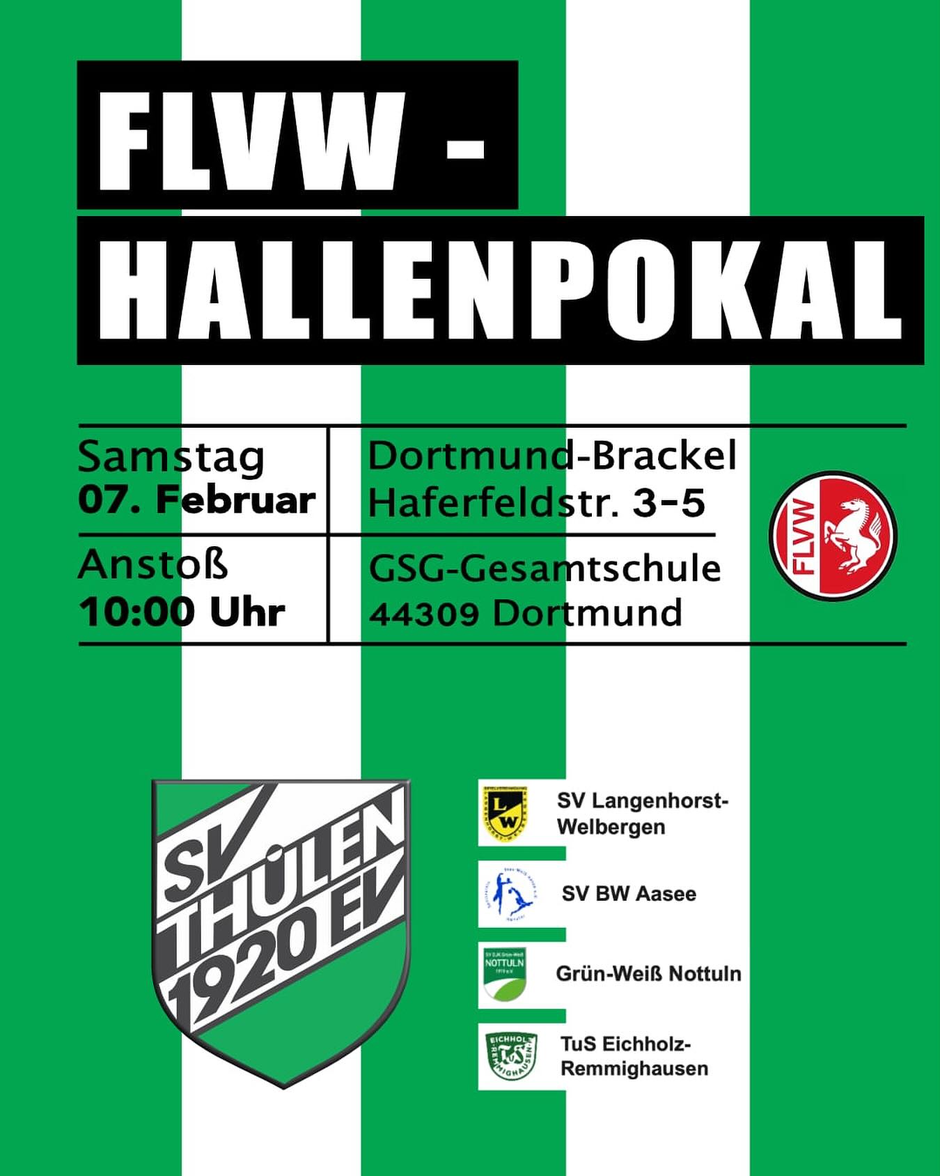 🏆⚽ SVT-Damen spielen FLVW-Futsal-Hallenpokal 🏆⚽
Am Samstag, 07.02.2026, wird es für die Fußballdamen des SV Thülen ernst.
Die Grün-Weißen nehmen dann erneut am FLVW-Futsal-Hallenpokal teil.
Gespielt wird wieder in der Sporthalle der Geschwister-Scholl-Gesamtschule in Dortmund-Brackel.
Ausrichter des Hallenturniers ist der BV Westfalia Wickede.
Der Westfalenligist aus dem Altkreis Brilon wurde in die Gruppe A gelost.
Dort trifft die Mannschaft vom Trainerduo Werth/Heinke auf die drei Landesligisten DJK GW Nottuln, SV BW Aasee und SV Langenhorst Welbergen sowie auf den Bezirksligisten TuS Eichholz-Remmighausen.
Die beiden jeweiligen Ersten der vier Gruppen (insgesamt 20 teilnehmende Mannschaften) qualifizieren sich für das anschließende Viertelfinale.
Los geht es am Samstag bereits um 10 Uhr mit der Auftaktpartie zwischen der DJK GW Nottuln und dem SV BW Aasee aus der Thülener Gruppe A.
Der SVT bestreitet um 10:13 Uhr sein erstes Gruppenspiel. Dann tritt man dem noch unbekannten SV Langenhorst Welbergen gegenüber.
Die Gruppenphase beenden die Thülener Damen um 14:07 Uhr mit dem Duell gegen den ebenfalls unbekannten SV BW Aasee.
Danach beginnt die KO-Runde, in der die Grün-Weißen natürlich so weit wie möglich kommen möchten.
Der Sieger des FLVW-Futsalpokal 2026 (oder ein Nachrücker) qualifiziert sich übrigens für das Regionalturnier des Westdeutschen Fußballverbandes (WDFV) am 22.02.26 in Münster.
Hier gibt es den kompletten Spielplan:
https://www.fussball.de/spieltag/futsalpokal-der-frauen-2026-westfalen-frauen-hallen-landesturnier-frauen-saison2526-westfalen/-/staffel/02VQ8J008O000000VS5489BTVSU54FN7-C#!/