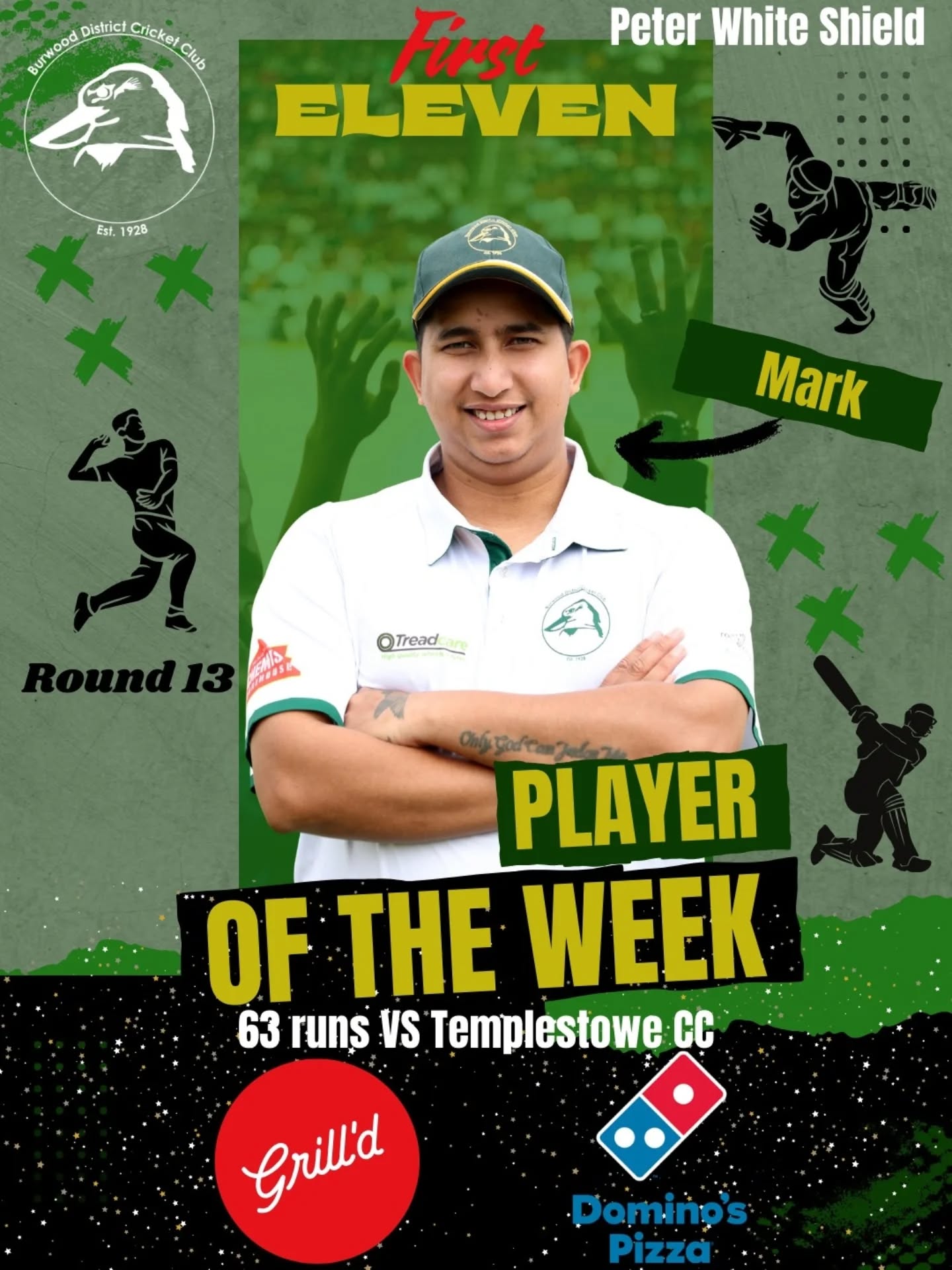 🏏 PLAYER OF THE WEEK | BDCC – WEEK 18 💚💛
Another quality week for the Burras, with match-shaping performances across every grade.
🟡 1st XI – Mark Savyell (63 runs)
A strong and composed knock against Templestowe CC, standing firm and leading the fight with the bat.
🟢 2nd XI – Patrick Sowersby (124 runs)
A superb century against Box Hill North Super Kings CC. Pat set the tone early and batted with authority, delivering a match-defining innings for the 2s.
🟡 3rd XI – Nisarg Patel (41* & 1 catch)
An unbeaten 41 against Eley Park CC, guiding the innings calmly and backing it up with sharp work in the field.
🟢 4th XI – Krishnan Venkatachalam (26* & 3/20)
A valuable all-round contribution against Mulgrave Wheelers CC, finishing unbeaten with the bat and producing a disciplined, impactful spell with the ball.
Huge thanks to our sponsors @dominos_ashburton and @grilldburgers for supporting our weekly awards 💚💛