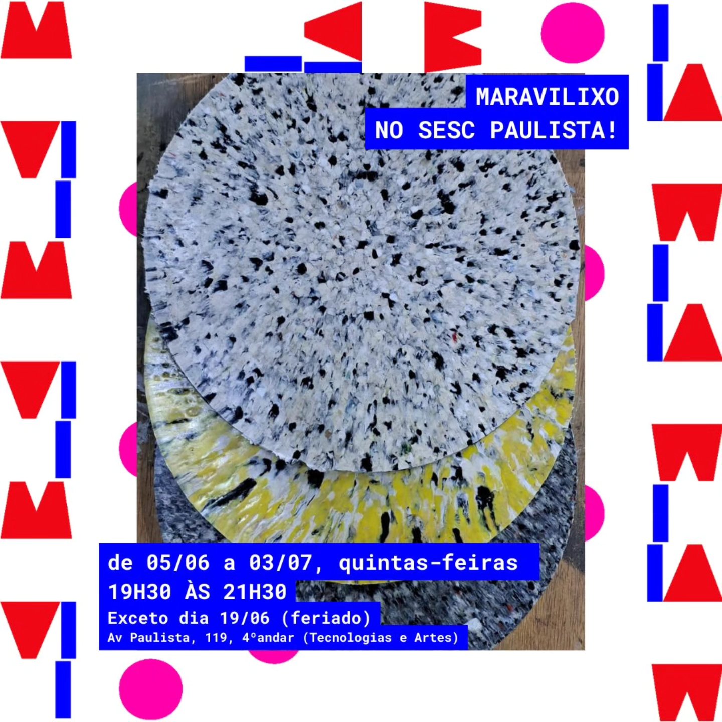 ATIVIDADE ABERTA E GRATUITA:
♻️ PROJETOS ABERTOS DE RECICLAGEM DE PLÁSTICO ♻️
A partir de hoje, dia 05 de Junho, no Dia Mundial do Meio Ambiente, a #maravilixo te espera, juntamente com o educador Daniel Seda em uma atividade aberta e gratuita no 4o andar do @sescavpaulista !
Ao longo do mês de Junho e início de Julho, participaremos dessa atividade que tem como objetivo explorar tecnologias para reciclagem do PLA, um tipo de plástico utilizado principalmente em impressões 3D, visando o fechamento de ciclo, encontrando uma destinação para esse tipo de resíduo plástico gerado na própria unidade do Sesc Paulista e outras da rede!
Estaremos com nosso maquinário de código aberto #preciousplastic para muitos testes e experimentações de reciclagem e todos que estiverem por lá vão colocar a mão na massa com a gente!
Datas, horário e local:
- 05/06 a 03/07 (quintas-feiras)
- das 19h30 às 21h30
(exceto dia 19/06, devido ao feriado de Corpus Christi)
- Local: Av Paulista, 114 - 4º andar (Tecnologias e Artes)
Vagas limitadas com retirada de ingresso 30 minutos antes, no local.
Esperamos vocês para essa atividade com muita experimentação, colaboração, aprendizados e conscientização!
#educacaoambiental #reciclagem #PLA #impressao3d