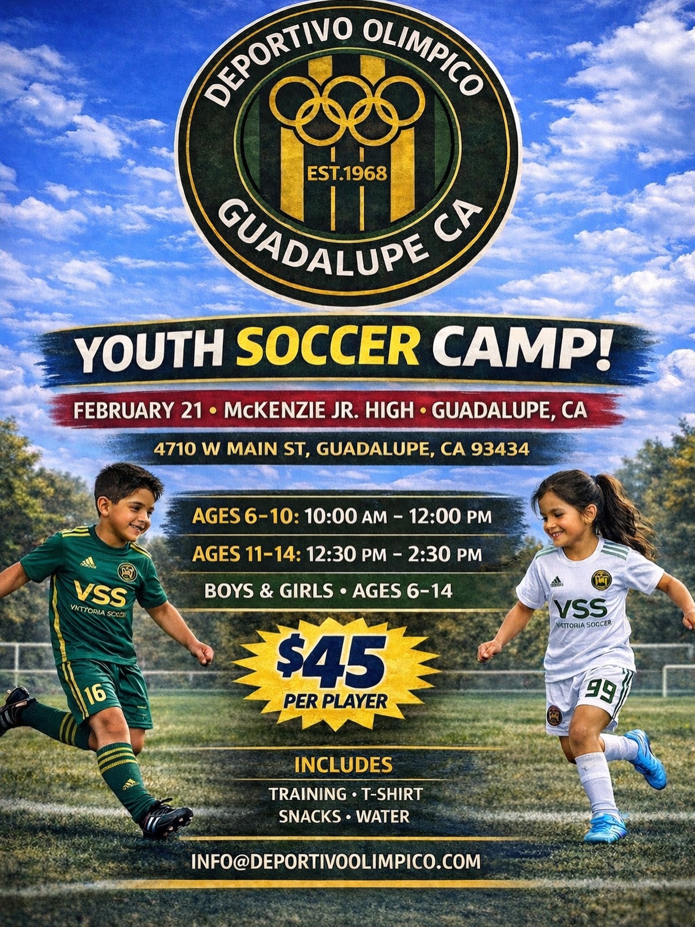 ⚽ Youth Soccer Camp!
We’re excited to host our first kids camp! Saturday February 21 at McKenzie Jr. High in Guadalupe, CA!
Open to boys & girls ages 6–14. Spots are limited — secure yours today!
🔗 Registration Link in Bio
Includes: Training, camp T-shirt, snacks & water.
📧 info@deportivoolimpico.com
#deportivoolímpico #kidssoccercamp #futbolislife⚽️ #centralcoast #youthfirst