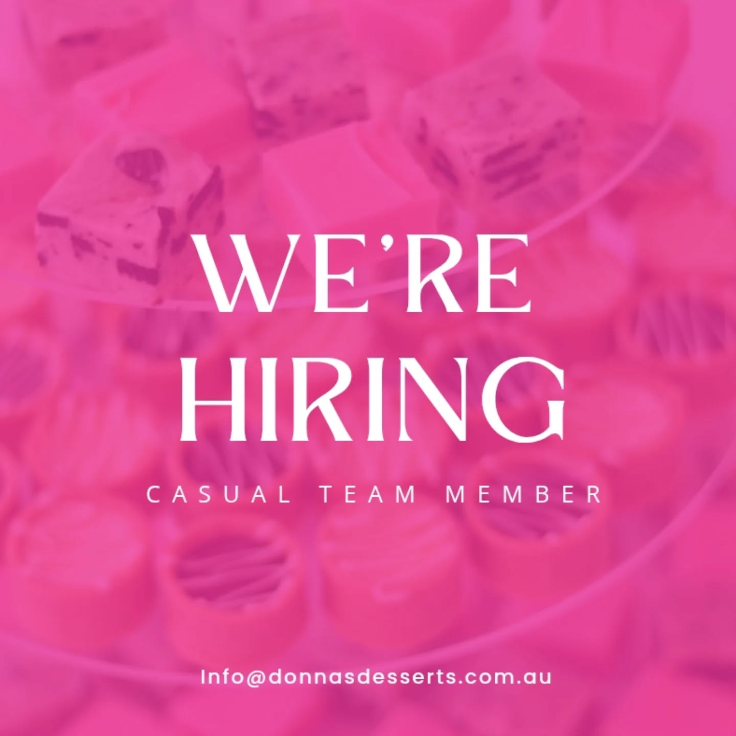 We are hiring
Casual Team Member
Small casual role assisting with deliveries, dessert setup, social media tasks, and occasional in-house events (e.g. tasting days, pop-ups etc).
2+ hours per week (limited hours).
Weekend availability required.
Shifts rostered in advance.
Must have licence & own car.
Food handler certificate and Working With Children Check (or willing to obtain).
Work based in Bannockburn, with deliveries to Geelong and Ballarat
Award rates
Send a brief message with your experience and availability.
*Applications close 20th Feb 2026*