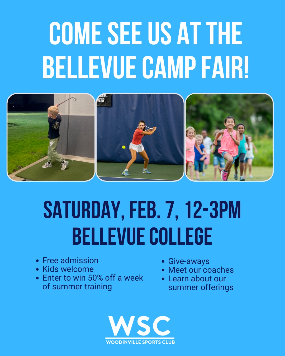 Planning your child's summer? Find us at the Bellevue Camp Fair Saturday, February 7 from 12-3pm at Bellevue College!
Stop by our booth to explore our Tennis, Golf, and multi-sport Adventure Club programs. Talk directly with our team, ask questions, and discover why WSC is the Eastside's premier destination for youth athletes of all abilities, from beginner to academy-level.
📍 Gary F. Locke Ballroom, Bellevue College
🎟️ FREE admission for families
🎁 Raffle for 50% off a week of camp + giveaways!
We'll see you there!
More info with the link in bio!
#BellevueCampFair #SummerCamps #YouthSports #WoodinvilleSportsClub #WSC #Tier1GolfAcademy #Tier1TennisAcademy