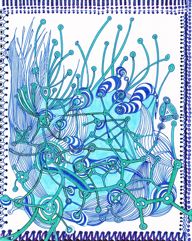 “Valentine’s Blues” — revived a partially done ink drawing on a 9x12 piece of smooth Bristol. The name emerged from a conversation in which two of us were planning a “date” that happens to fall on Valentine’s, a day neither of us cares to acknowledge, let alone celebrate. So, it will be an anti-Valentine’s Valentine’s Day “date.” The mental gymnastics we have engaged in to avoid calling it an actual Valentine’s date crack me up, but that’s my story and I’m sticking to it. It