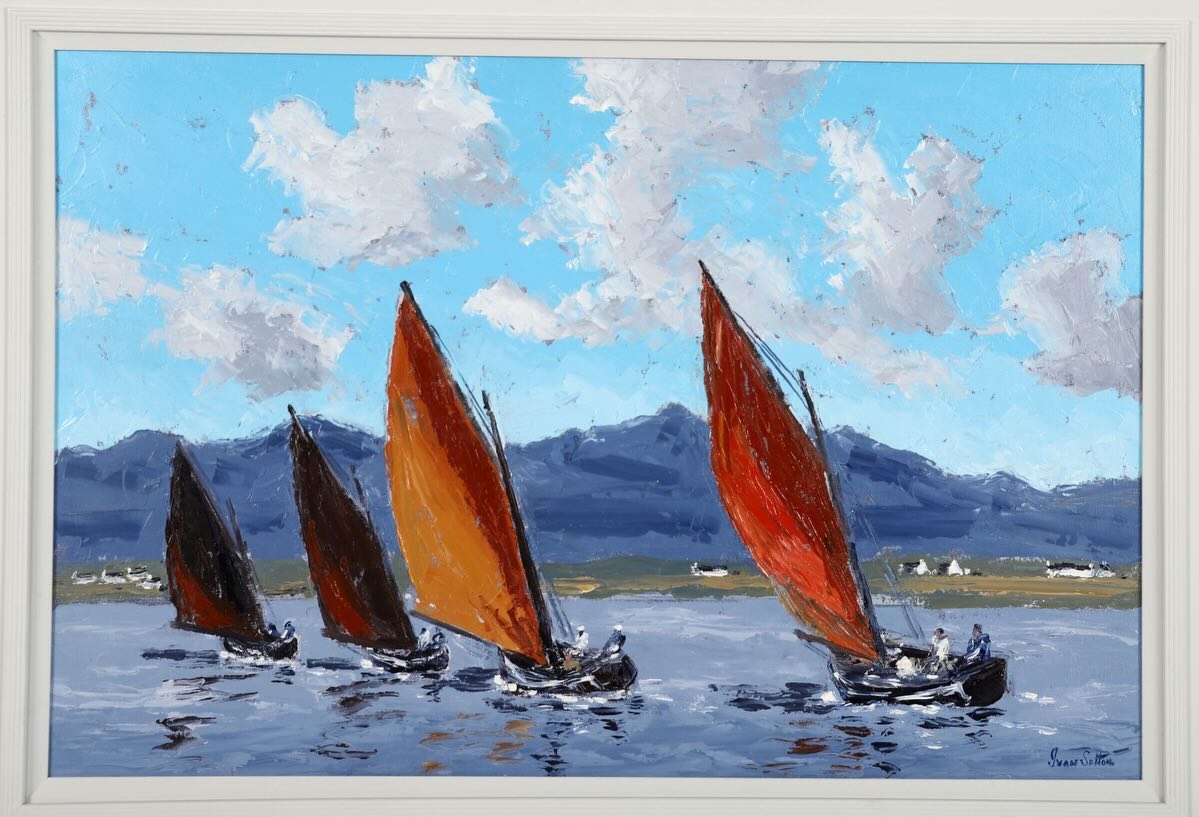 TOMORROW TOMORROW. SHEPPARDS NOW.Lot 230 “RUNNING THE WIND, Galway Hookers,ROUNDSTONE BAY.” Oils. Canvas 20/30ins. Guide €1500. Online now. Sheppards, DURROW. Lot 230