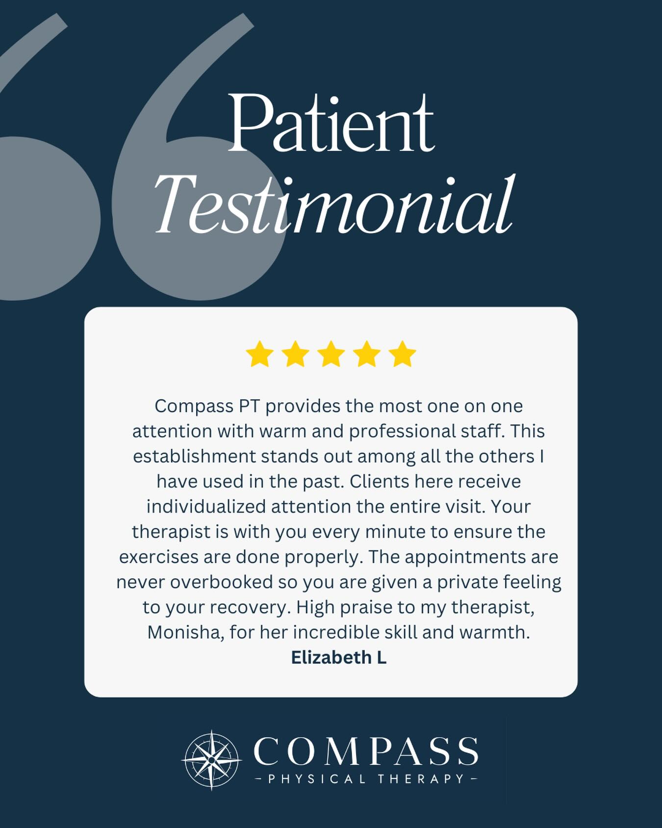 ✨Testimonial Tuesday ✨
Your recovery deserves full attention.
Private, un-rushed sessions and individualized care are what sets Compass PT apart. Proud of Monisha for delivering such thoughtful, hands-on treatment 🙌
#compasspt #physicaltherapy #testimonialtuesday #oneononetreatment