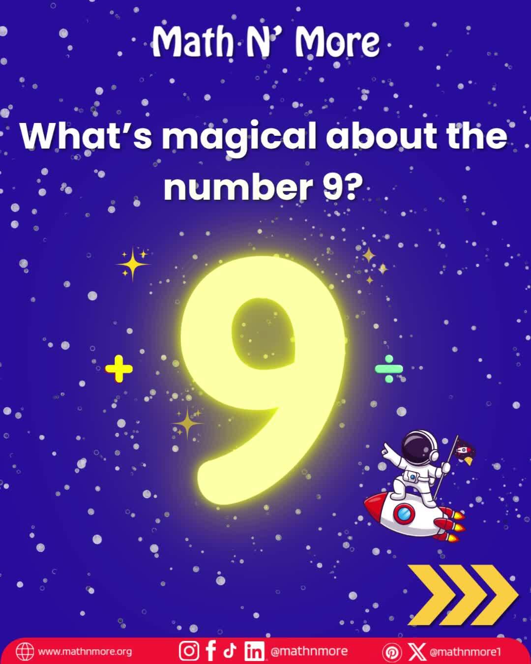 ✨ The number 9 has a little magic in it!
Try this: multiply any number by 9 — then add up the digits of the answer.
No matter what, they’ll always add back up to 9. 🧮💫
It’s math… but it feels like magic. ✨
#MathMagic #Number9 #MathNMore #MathMonday #STEMwow #NumericalWonder #MathIsFun