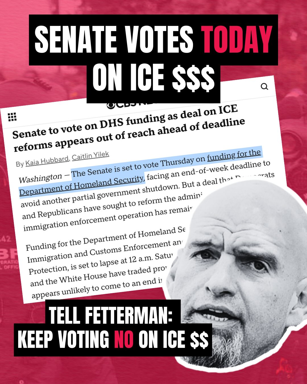 The Senate votes on funding ICE again today. Call @senfettermanpa and tell him to keep voting NO on money for ICE! Congress is funding ICE’s killings, and we can’t let off the gas until ICE is OUT. We already blocked ICE $$$ once, let’s do it again. Text “ICE OUT” to 25463 NOW!