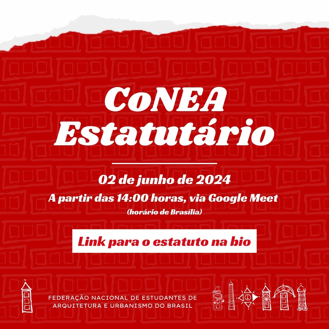 A FeNEA, na condição de representação discente, convoca todes estudantes de Arquitetura e Urbanismo do Brasil a participar do Conselho de Entidades Estudantis de Arquitetura e Urbanismo - CoNEA estatutário, que será realizado nesse domingo, 02 de junho de 2024, a partir das 14 horas, através da plataforma Google Meet.
O link para o estatuto já está disponível na bio para consulta pública. O link para vídeo-conferência será compartilhado na comunidade externa (link na bio).
Só para recapitular o porquê estamos realizando esse CoNEA Estatutário...
- Em 2020, a gestão 2019/2020 realizou um processo de revisão estatutária a nível nacional;
- Em 2022, a gestão 2022/2023 foi orientada a reavaliar o documento revisado por conta da necessidade de regularização cadastral da FeNEA, sendo a revisão do estatuto, uma das etapas para essa regularização;
- Ainda na gestão 2022/2023 é instituída a Comissão Pró-Fundação para iniciar o processo de revisão;
- Em 2023 é feito um primeiro CoNEA estatutário;
- A partir de maio de 2023, a Comissão Pró-Fundação e a gestão 2023/2024, continuaram o processo de revisão, a luz dos apontamentos feitos no CoNEA estatutário de 2023, com o objetivo de apresentar o documento final na plenária do 45° ENEA e dar continuidade ao processo de regularização cadastral.
Reforçamos que a participação de todes é fundamental.
Grande abraço e um xêro,
Equipe FeNEA
#arquitetura
#urbanismo
#vivaafeneaquefazagenteseencontrar