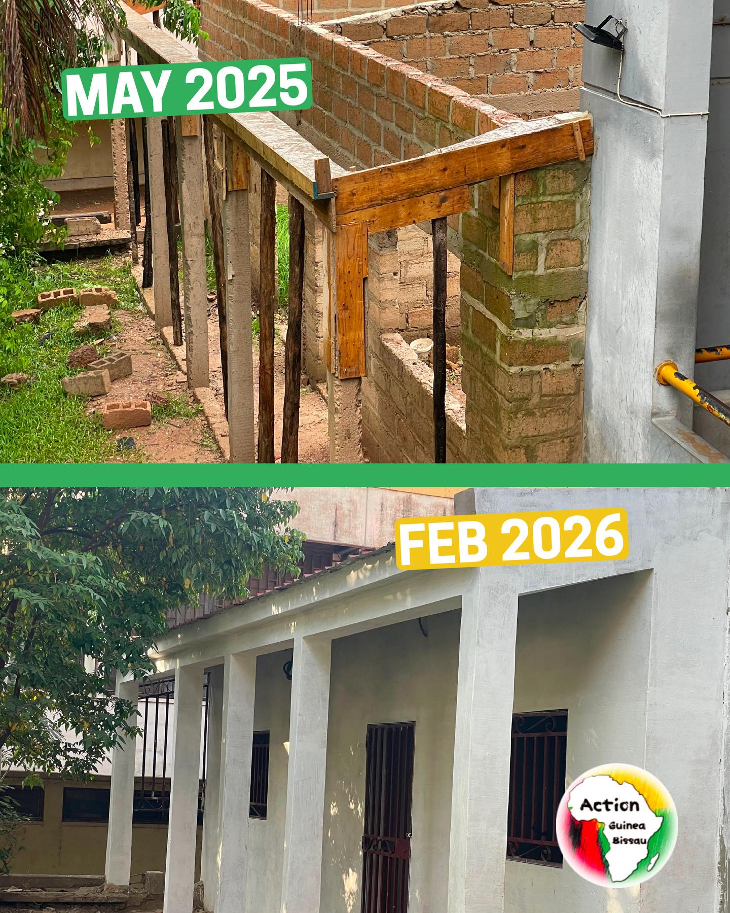 Progress update! 💚
Project Manager Moises and his team are making huge progress on the Bissau Law School HQ. It’s almost ready to become a dedicated space for students to meet, study, and support each other.
Just the ceiling, roof, and finishing touches to go now. Good luck Moises, we can’t wait to see it finished! 💚💪