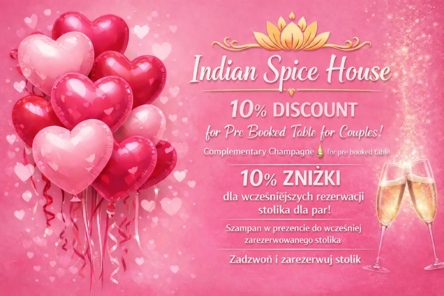 Miłość jest jak dobre curry najlepiej smakuje we dwoje.
❤️❤️❤️❤️❤️❤️
– 10% zniżki dla par z rezerwacją stolika
Rezerwacji możecie dokonać telefonicznie lub poprzez nasze media społecznościowe
_____________________
Love is like a good curry — it tastes best when shared.
❤️❤️❤️❤️❤️❤️
– 10% discount for couples with a table reservation
You can make a reservation by phone or via our social media channels
#walentynki #valentines #restauracjalodz #restauracjaindyjska