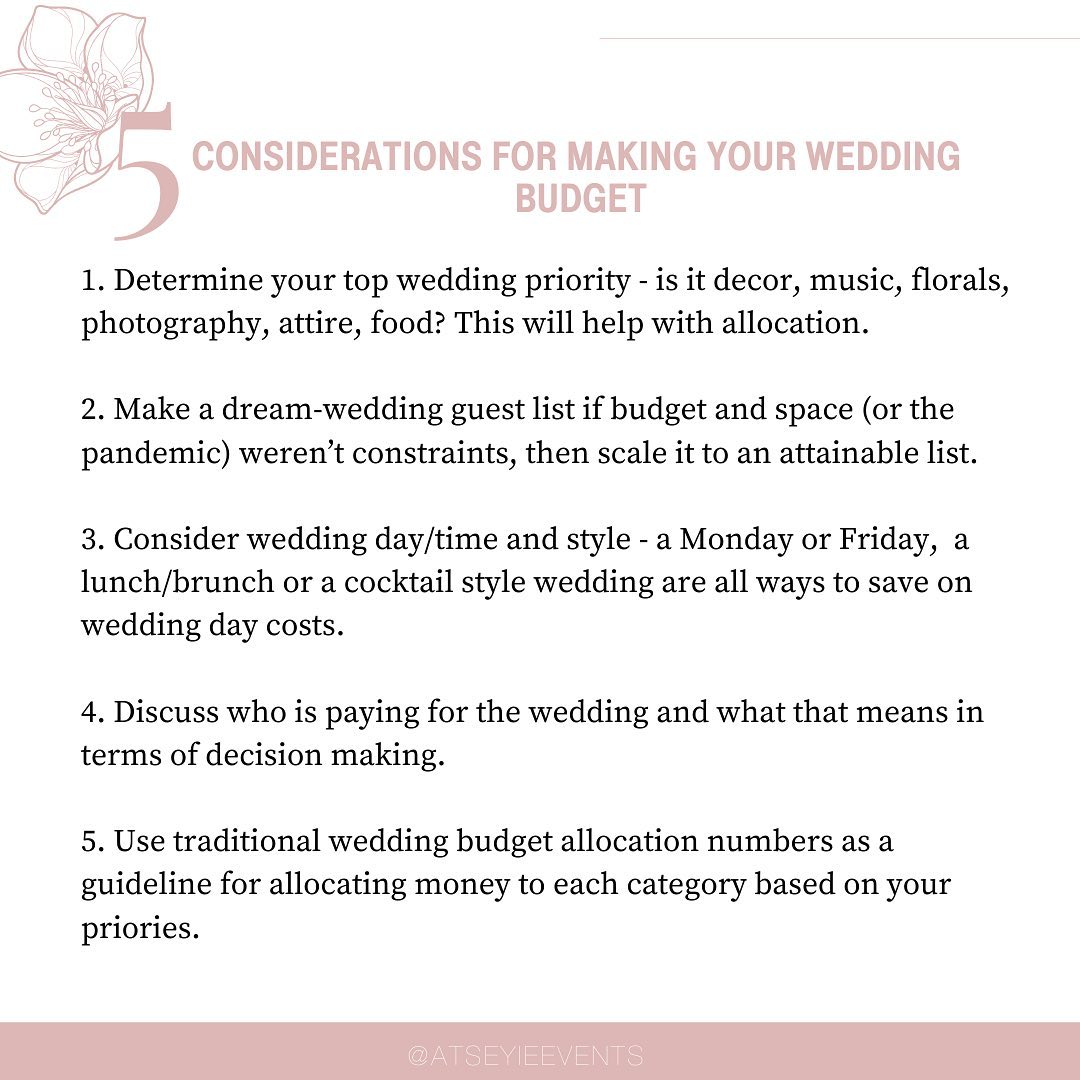 Money doesn’t have to be the elephant in the room! By setting a wedding budget before you start planning you can make sure everyone is on the same page!
Here’s some tips for couples to consider when deciding your wedding budget:
✨Determine your top wedding priorities and allocate more funds based on your priorities. If you think charger plates are silly, spend that $200 on some extra dessert!
✨Smaller weddings aren’t always a bad thing. Keep in mind, a smaller guest list equals a smaller budget.
✨Get married on a Monday! Believe me, people will still show up, and you may get some weekday discounts
✨ Be clear on who is paying for what? Write down the couple’s contribution and the family contributions from the start.
Save for later or share to someone who may need some budget advice!