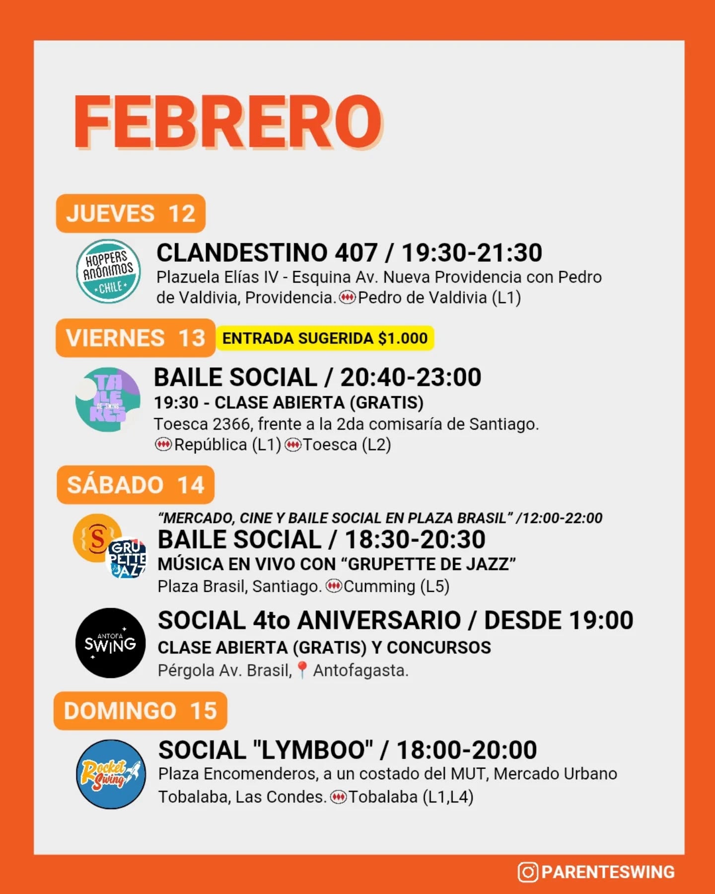 ✨Todos los eventos son gratuitos y abiertos a todo público, a menos que se indique valor de entrada 💸
‼️Cualquier modificación o nuevo evento en los comentarios👇🏻 y/o por historias 👆🏻
🤔 Qué es un Clandestino o Baile Social?
Una instancia donde fanáticos de los bailes swing (Lindy hop, Balboa, Shag, Solo jazz) se reunen a compartir, hacer comunidad y a la vez, practicar.
❌ Las actividades publicadas NO son instancias de clases para aprender a bailar, a menos que se indique “Taller” o “Clase Abierta”.
👀 Quieres aprender a bailar?
En nuestra historia destacada “CLASES” está toda la información y formularios de inscripción a los cursos del mes de las escuelas de bailes swing ✨
Nos vemos en la pista! 💃🏻🕺🏻🔥
#lindyhopchile #swingchile #panoramasgratis #swingdancechile #swingdancingchile