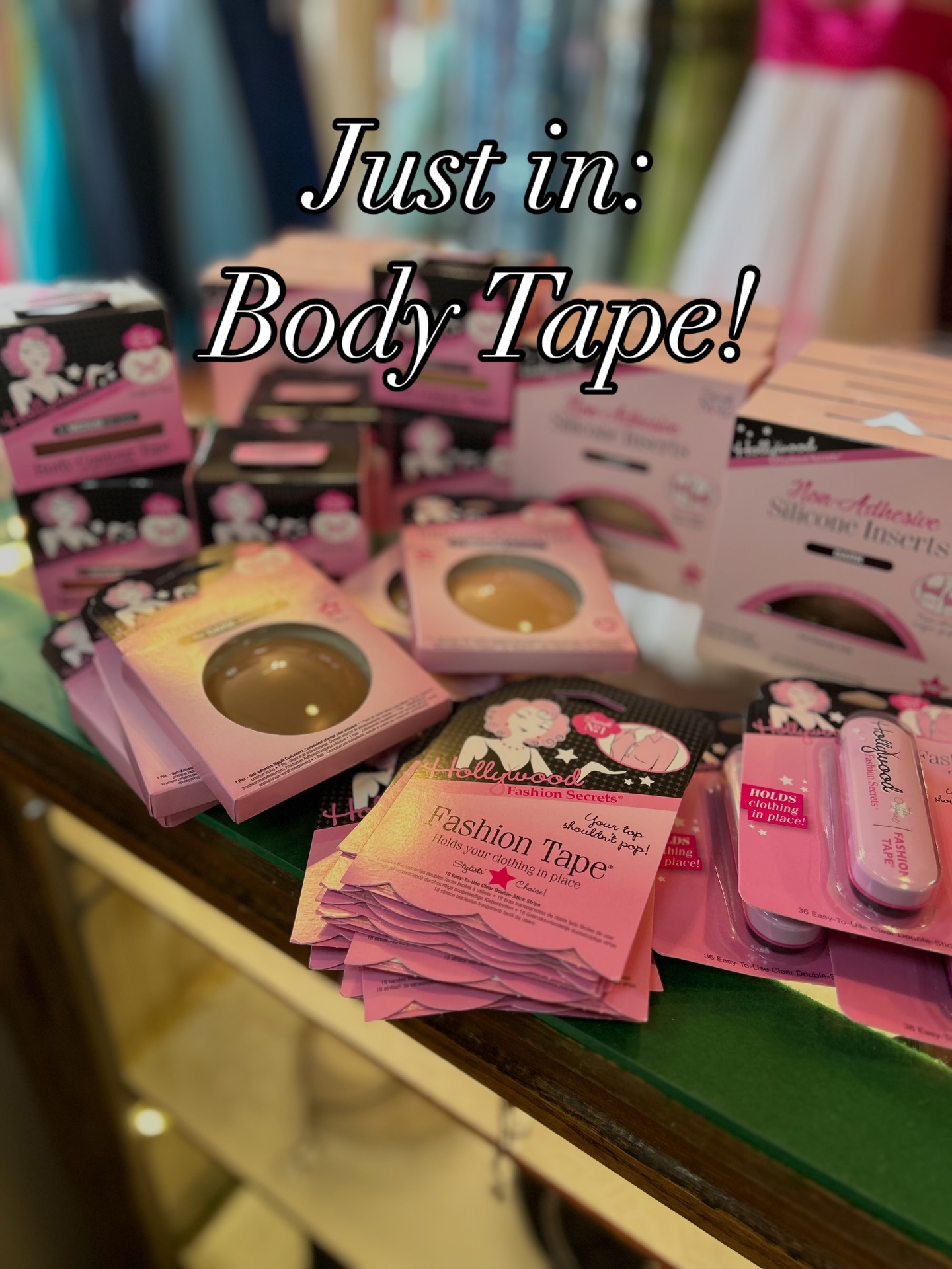 Worried about a wardrobe malfunction? Heidi’s Dress Shop has the ladies covered (literally). New in stock: fashion tape (sticking cloth to skin), body contour tape (to sculpt, lift and secure your body for dresses with cutouts), silicone cover-ups and bra inserts.