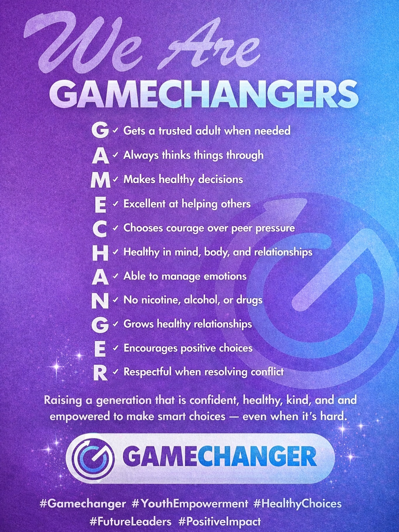 We’re raising GAMECHANGERS — confident, kind, resilient, and empowered to make healthy choices even when it’s hard. 💜💙
Because the future belongs to kids who choose courage, character, and confidence.
#Gamechanger #WeAreGamechangers #YouthEmpowerment #HealthyChoices #PositiveRoleModels