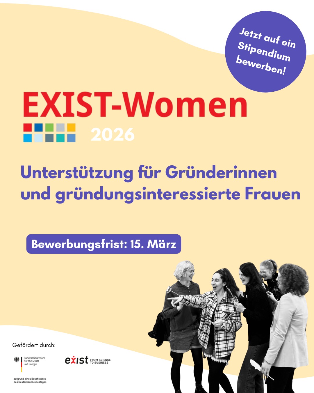 🌟Frauen, die gründen, verändern die Welt- sei dabei!🌟
Hast du eine innovative Gründungsidee und suchst nach Unterstützung? Dann bewirb dich jetzt für das EXIST Women SH Stipendium!
✨ Es ist bereits die 3. EXIST-Runde, die wir gemeinsam mit dem @dock1_fl begleiten.
✨ Was dich erwartet:
• Stipendium
• Ein knappes Jahr Mentoring mit erfahrenen Expertinnen
• Workshops, Events & inspirierende Talks
• Zugang zu einem großartigen Netzwerk
🗓 Bewerbungsfrist
15.03.2026
📩 Bewerbung
Bitte sende deine Bewerbung per E-Mail an:
westartupsh@uni-flensburg.de
📄 Benötigte Unterlagen
• Lebenslauf (CV)
• Pitchdeck, das Folgendes enthält:
o eine kurze Vorstellung deinerPerson
o deine Gründungsidee (falls vorhanden). Falls noch keine konkrete Idee besteht:
deine Wünsche und Ziele für das Stipendium sowie das Problem, das du perspektivisch lösen möchtest
• Telefonnummer
• E-Mail-Adresse
👉 Für einen späteren Zeitpunkt (nach Auswahl) kannst du dich bereits darauf einstellen, ein Foto sowie deine Steuernummer und Finanzamtsnummer bereitzuhalten.
🤝 Mentoring
Zusätzlich bitten wir dich, für das Mentoring folgendes Google-Formular auszufüllen:
https://docs.google.com/forms/d/e/1FAIpQLSeABByXGlKUHMcaxMUA-fO4HnpWNra3wAB_yj_uDEwkA-rYog/viewform
📌 Zusatzinfos:
Melde dich gern auch zu unserer digitalen Infosession am 06. März um 11:00 Uhr an: https://eveeno.com/179243392.
Wir freuen uns auf deine Bewerbung, Idee und den Austausch mit dir!
EXISTWomenSH ist eine Kooperation zwischen der @startup.bridge der Fachhochschule Wedel, dem @gruendercube des Hanse Innovations Campus Lübeck, dem @zfe_kiel - Zentrum für Entrepreneurship der Christian-Albrechts-Universität Kiel @kieluni, der @muthesiuskunsthochschulekiel, der @_hawkiel, der @fhwestkueste und WEStartUpSH des Jackstädt-Zentrums der Europa-Universität Flensburg @uni.flensburg @dock1_fl @startupsh_now @hochschuleflensburg – Gefördert vom Bundesministerium für Wirtschaft und Energie @bundeswirtschaftsministerium. Zu unserer Freude konnten wir unser Netzwerk der in SH teilnehmenden Hochschulen durch die @_hawkiel und die @fhwestkueste erweitern! Gemeinsam stärken wir so das landesweite Gründungsökosystem für Frauen weiter.