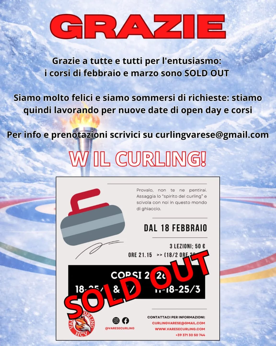🔥 GRAZIE DI CUORE! 🔥
Siamo felicissimi dell’entusiasmo: i corsi di febbraio e marzo sono ufficialmente SOLD OUT 😍🥌
Siamo stati sommersi di richieste e non possiamo che dire… GRAZIE! ❤️
Per questo stiamo già lavorando a nuove date di Open Day e nuovi corsi 💪❄️
📩 Per info e prenotazioni scrivici a: curlingvarese@gmail.com
W IL CURLING! 🥌🔥
#curling #varese #milanocortina2026 #varesecurling #varesenews
