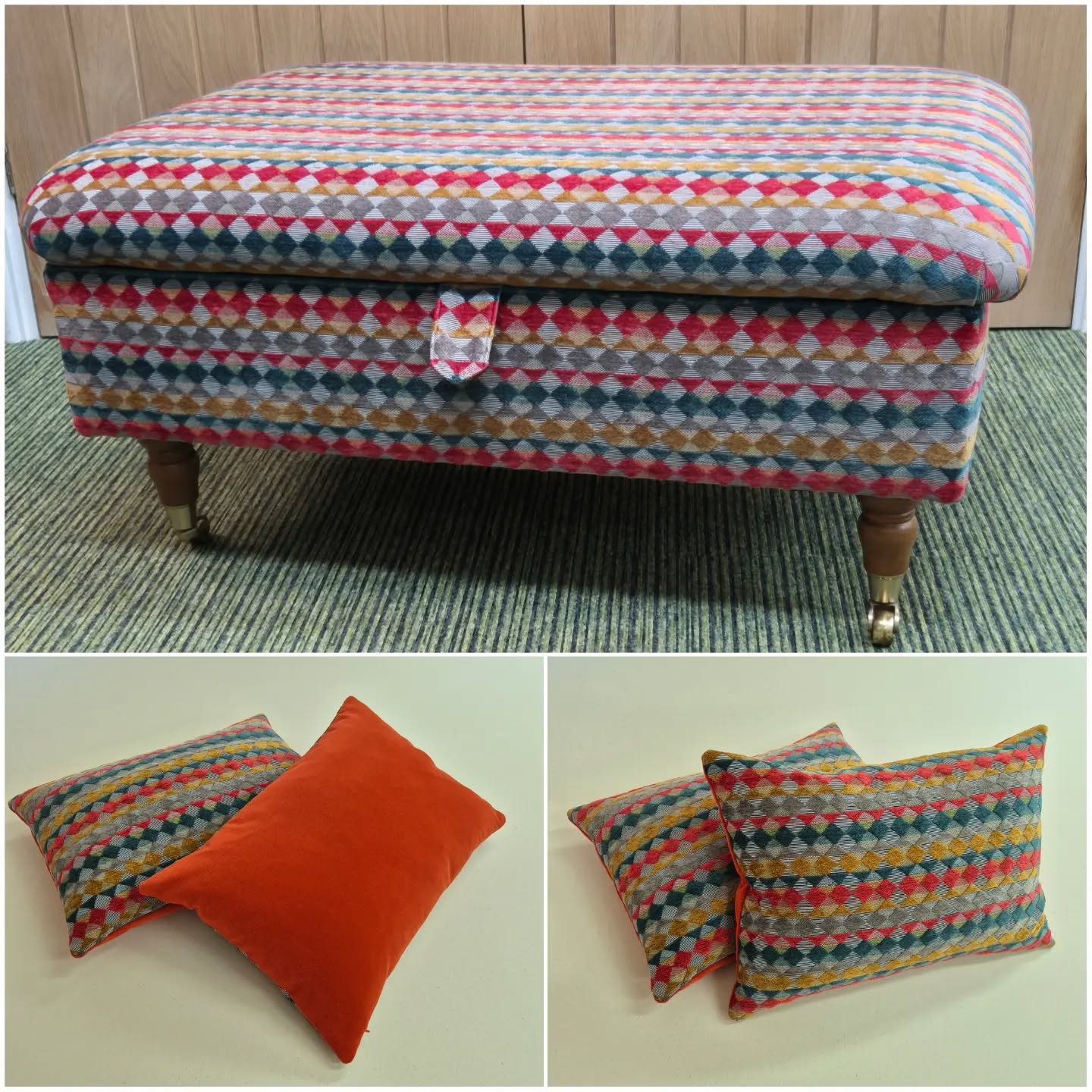 Our client selected Kaleido, a colourful chenille weave from Jane Churchhill, for us to use to recover their ottoman. To add pops of the colours elsewhere in the room, they added bespoke, feather-filled cushions backed in a complimentary coloured velvet from Linwood's Omega III range.
#walkerandwalker #handmadecurtains #reupholstery #softfurnishingsmaker #softfurnishings #handmadesoftfurnishings #handmade #curtainmaker #reupholsterer #handmaderomanblinds #madetomeasure #romanblindmaker #romanblinds #handmadecushions #cushions #swagsandtails #janechurchillfabrics #linwoodfabrics