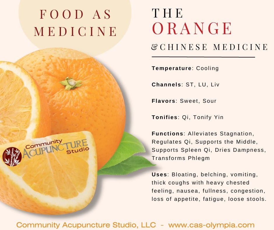 Food as Medicine: Chinese medicine views food and nutrition through a slightly different lens. This view includes the organs/channels it has affinity for, the flavors, and the energetic temperature of the food. Dried orange peel is often used in Chinese herbal formulas.